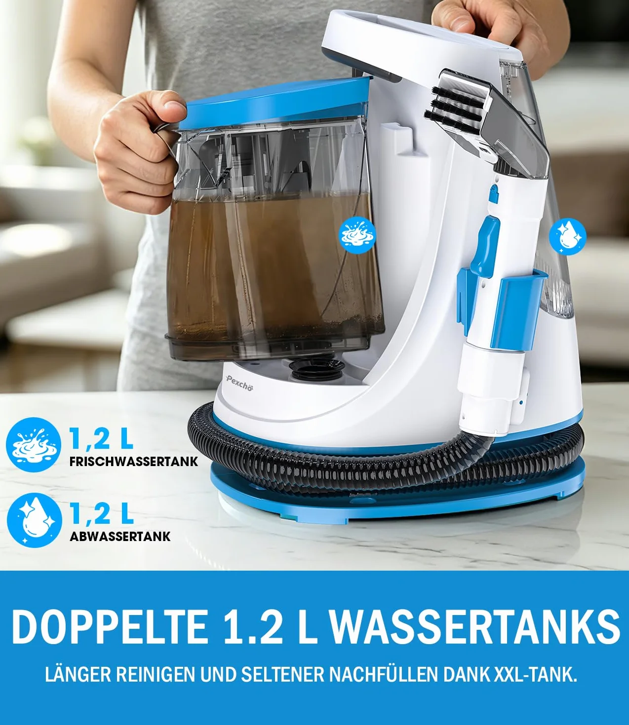 PEXCHO Limpia tapicerias 550W, Aspiradora de agua tapiceria para Alfombras, Sofás y Coche, Aspiradora de agua contra Manchas, Limpiador de tapicerias 18kPa con Autolimpieza, JJB-718