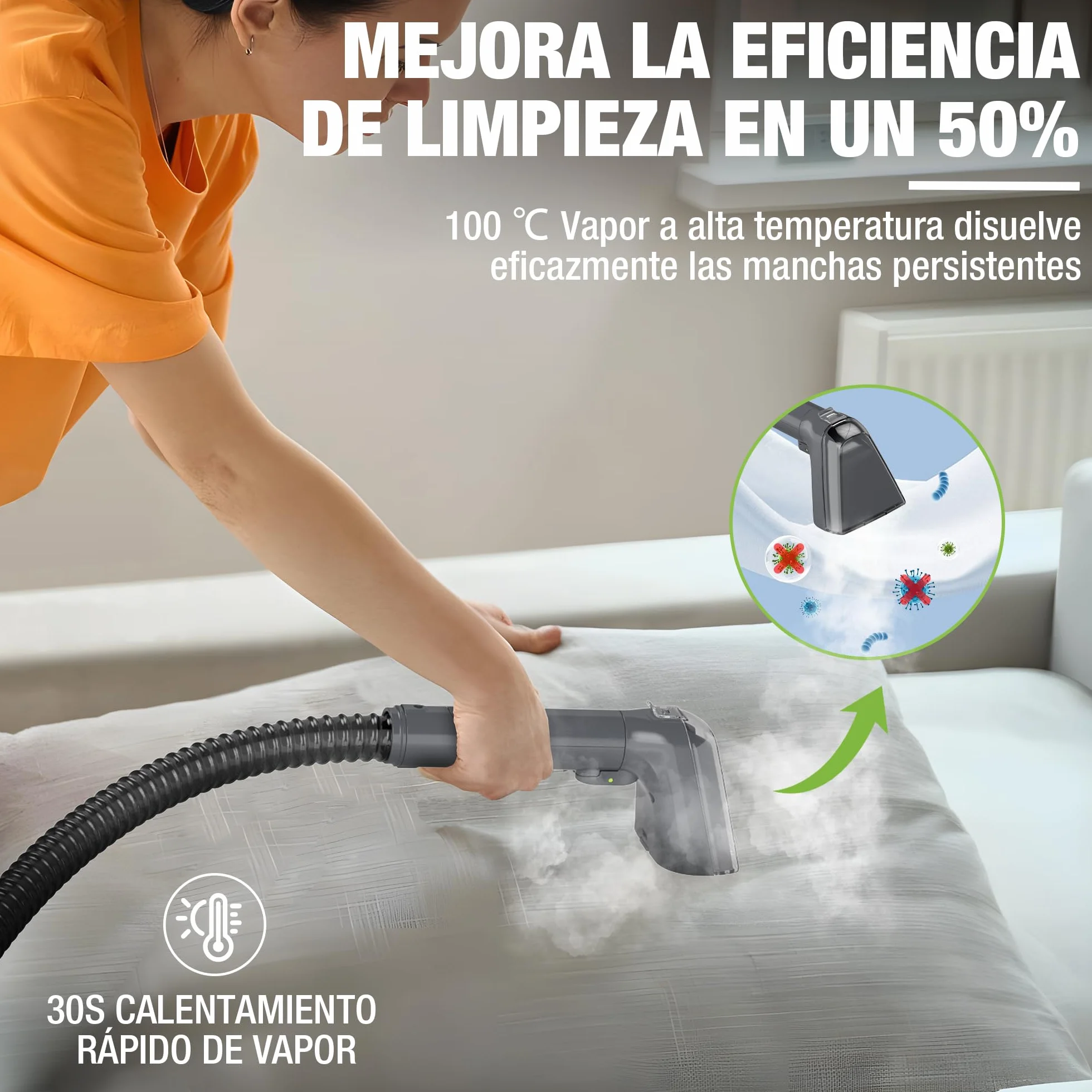 WORKPRO Limpiador de Tapicerías y Alfombras a Vapor con Aspirador 4 en 1, Potente Succión 16 kPa, Accesorios para Suciedad de Mascotas, Sofás, Colchones, Cortinas, Asientos de Coche