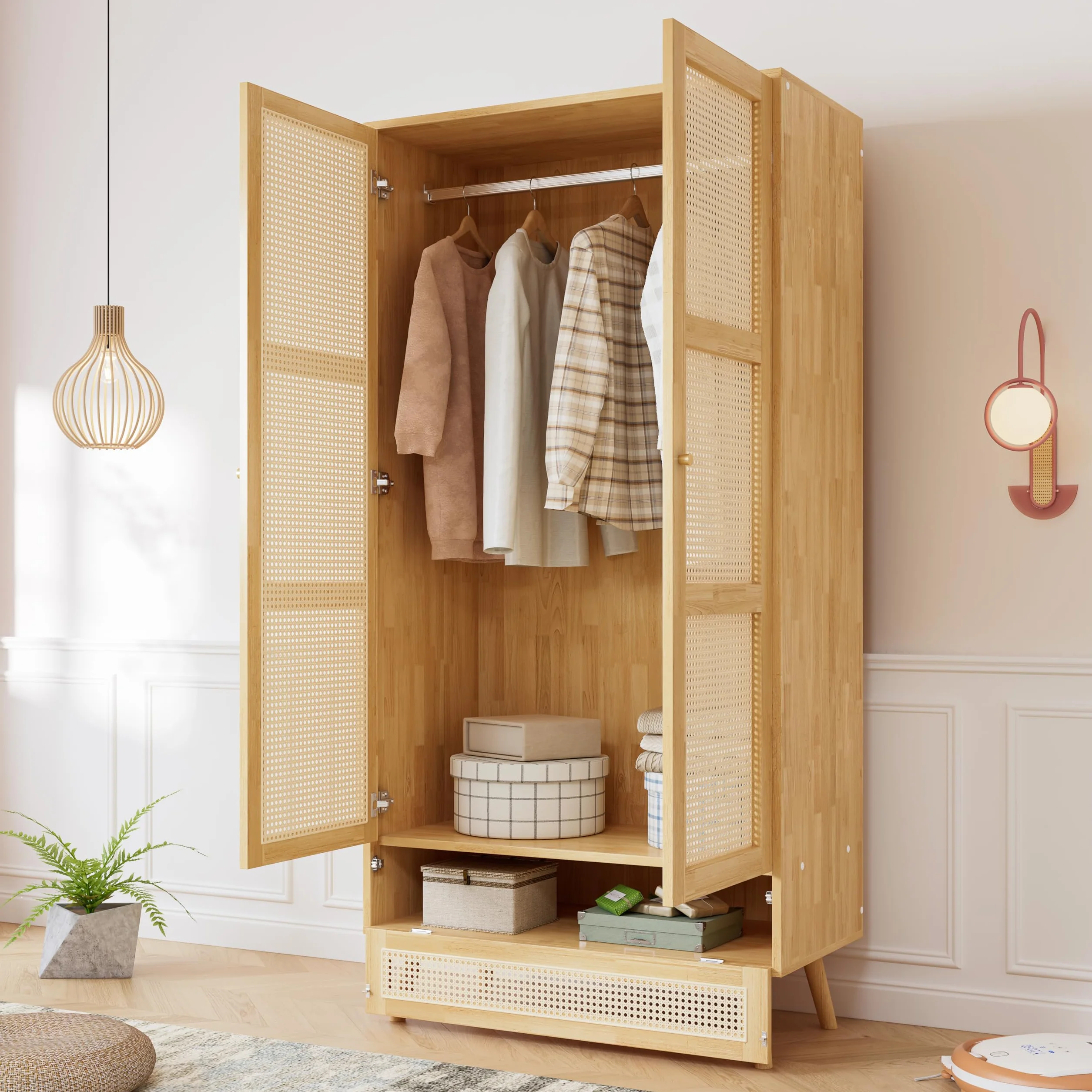 Moimhear Armario con barra, 90 x 45 x 183 cm, armario de 2 puertas, dormitorio, red de ratán, con tapa inferior abatible, tablero de partículas + ratán sintético