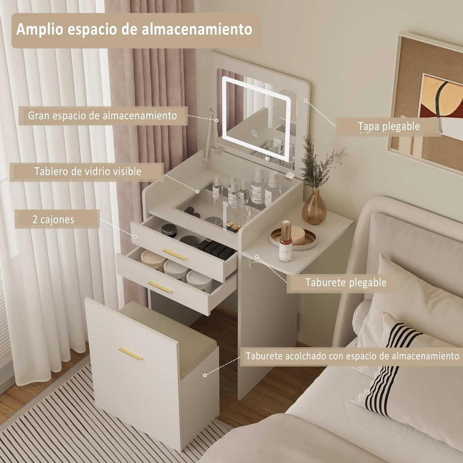 YU YUSING Tocador 3 en 1 con Espejo Abatible, Tocador con Taburete