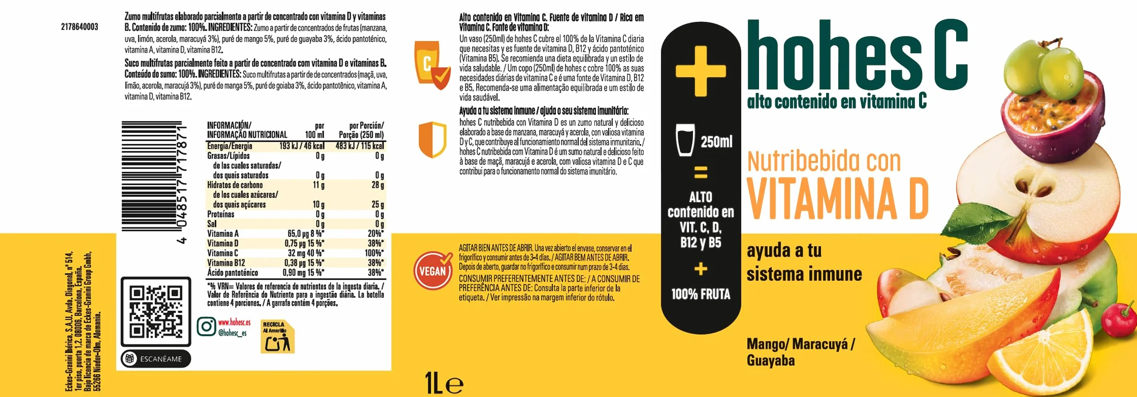 hohes C Plus Zumo con Vitamina C y D Fortalece los huesos 100% natural 1L