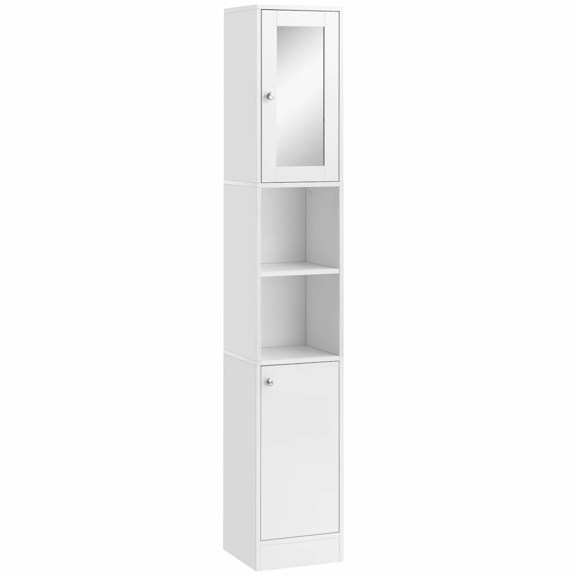 kleankin Armario Alto para Baño con Espejo Madera 30x28x180 cm Blanco | Mueble Columna de Baño, 2 Estantes Abiertos, 2 Puertas, Baldas Interiores Ajustables