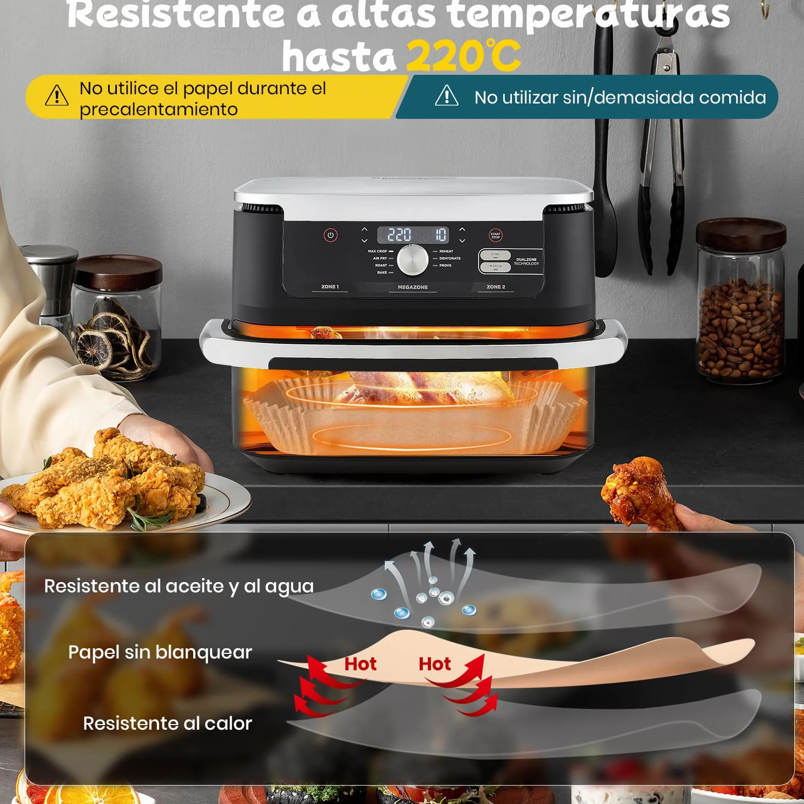 300 Piezas Papel Freidora Aire para Ninja Foodi Flexdrawer 10,4L,Papel Para Freidora de Aire Dual Zone,Accesorios para Airfryer Ninja AF500EU AF500EUCP,Cosori Dual Blaze TwinFry 10L,Cecotec 9L 10L 11L