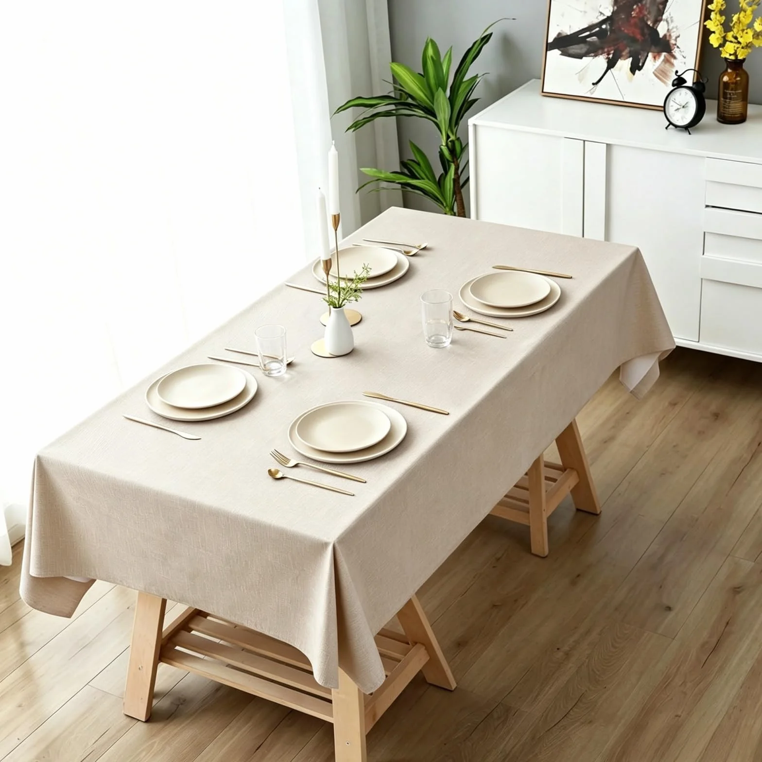 Mantel Rectangular Antimanchas 140 x 245 cm Lavable, Impermeable Efecto Lino Mantel Color y Tamaño a Elegir para Fiesta, Boda, Catering, Blanquecino