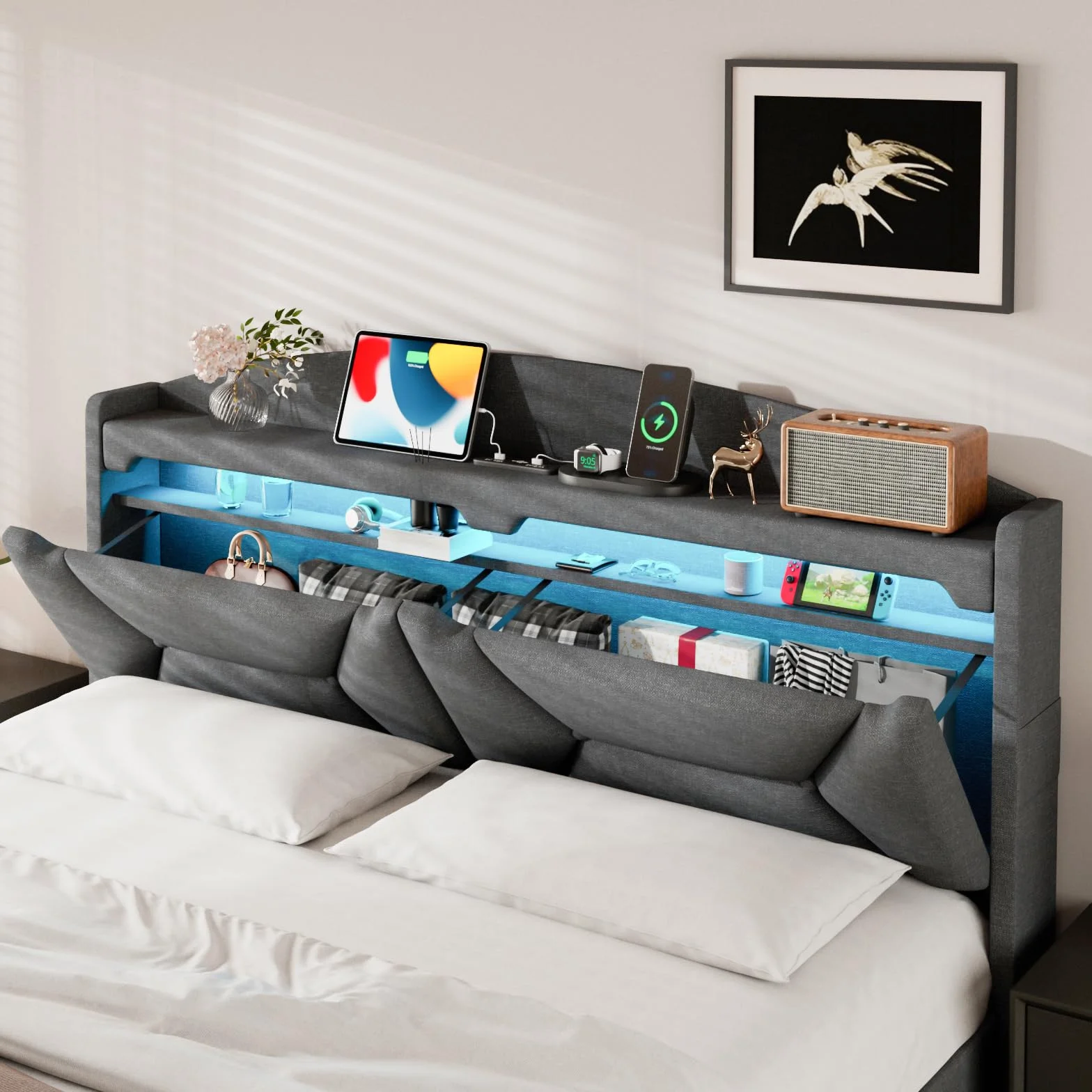 Cama Matrimonio 160x200 con Almacenamiento, Camas Matrimoniales con LED, Puertos USB y Type-C, Canape 160x200 Hidráulico, Cama Matrimonio con Cabecero, Lino, Gris, Colchón No Incluido
