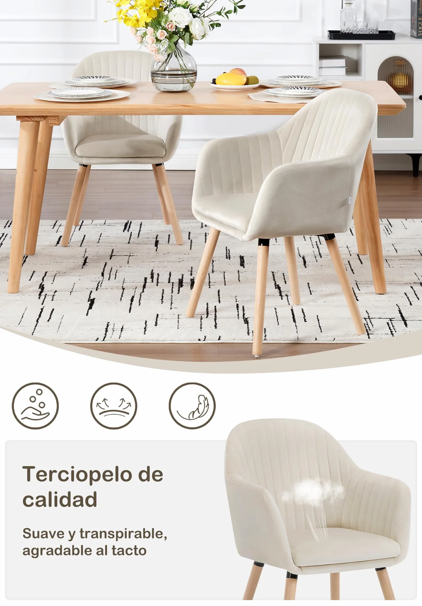 WOLTU Juego de 2 Sillas de Comedor y Cocina con Respaldo Mediano,cojín Doble de Terciopelo y Patas de Estructura de Madera,adecuadas para salón y Dormitorio,Blanco Crema