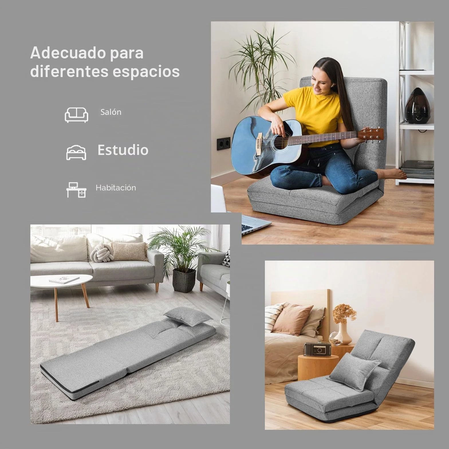 GOPLUS Sofá de Suelo Ajustable en 5 Posiciones, Silla Plegable, Sofá Convertible 1 Plaza, Silla Perezosa para Salón, Oficina, 176 x 61 x 18 cm, Carga 100 kg (Gris)