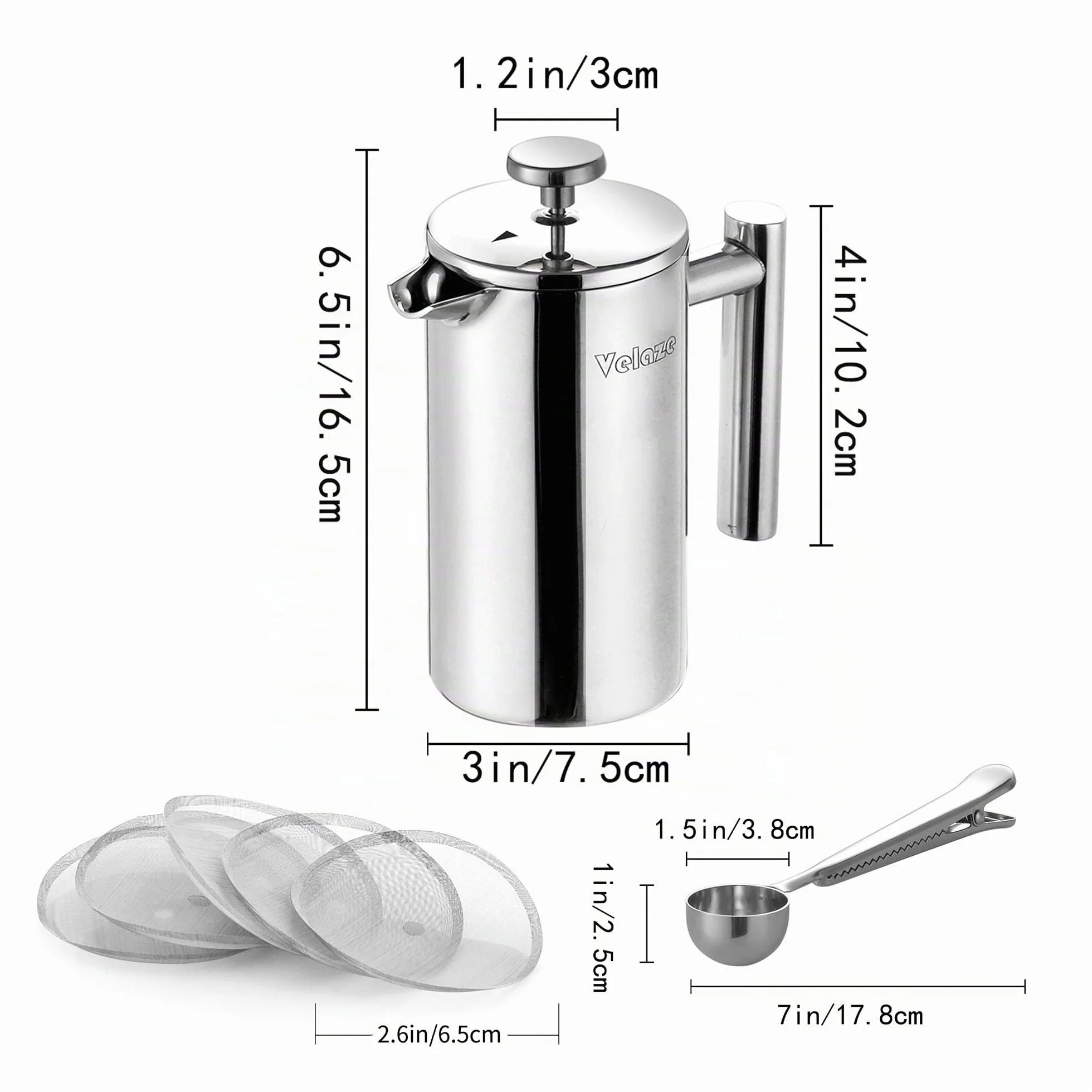 Velaze - Cafetera de émbolo (acero inoxidable, 350 ml, para 2 tazas, doble pared, cafetera, con 5 flitros y cuchara-S