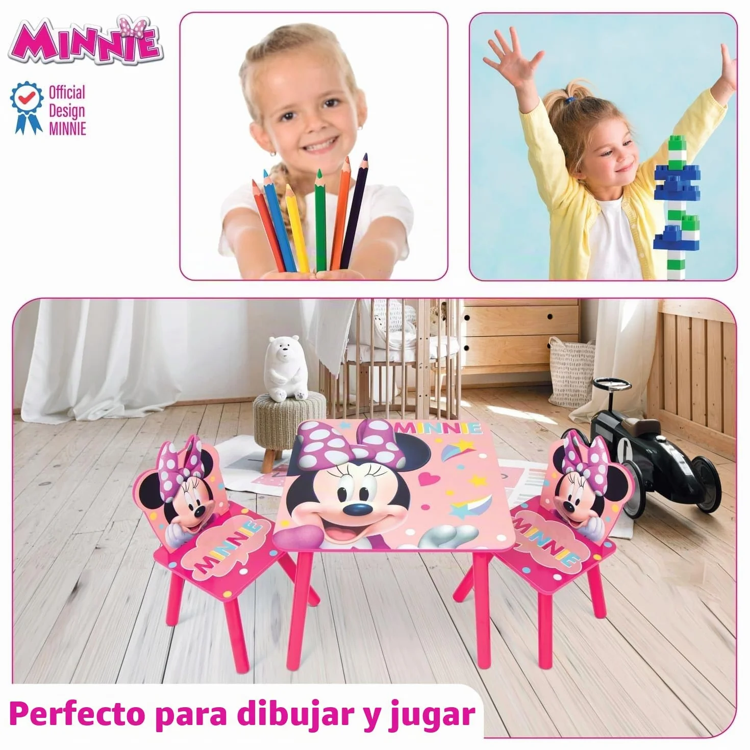 ARDITEX Minnie Mouse Set Mesa y 2 Sillas Infantiles Madera 50x50x44 cm
