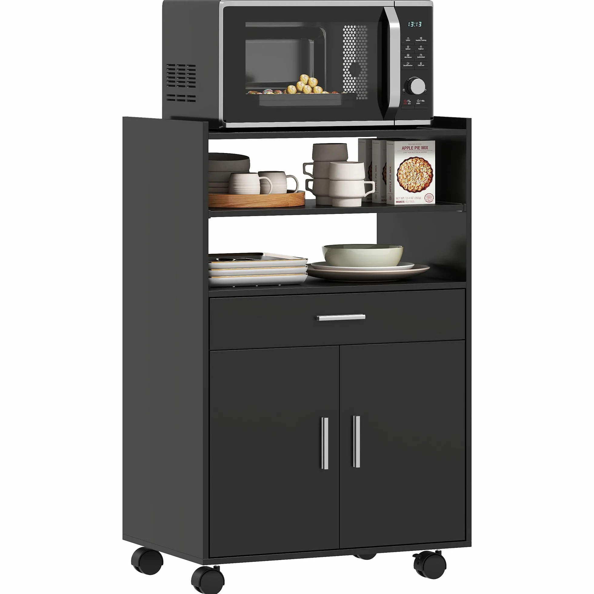 HOMCOM Armario Microondas con Ruedas, Aparador de Cocina con Cajón, Encimera para Electrodomésticos, Armario con 2 Puertas, Estante Extraíble y Abierto, Carro de Cocina para Salón, 59x40x92cm, Negro