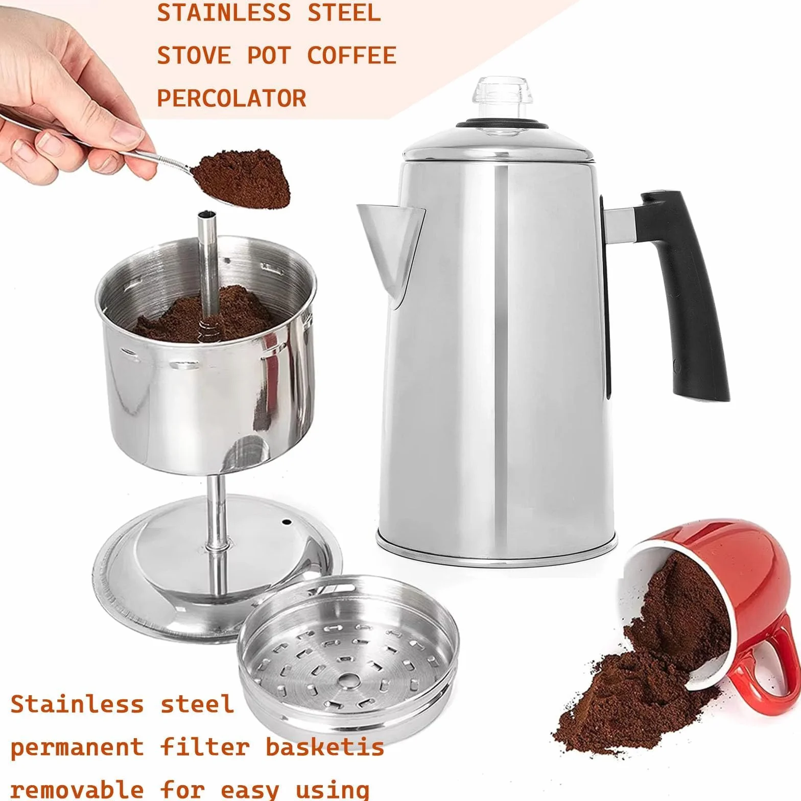 Cafetera Filtro Percolador de Acero Inoxidable 304 para Acampar, 12 Tazas