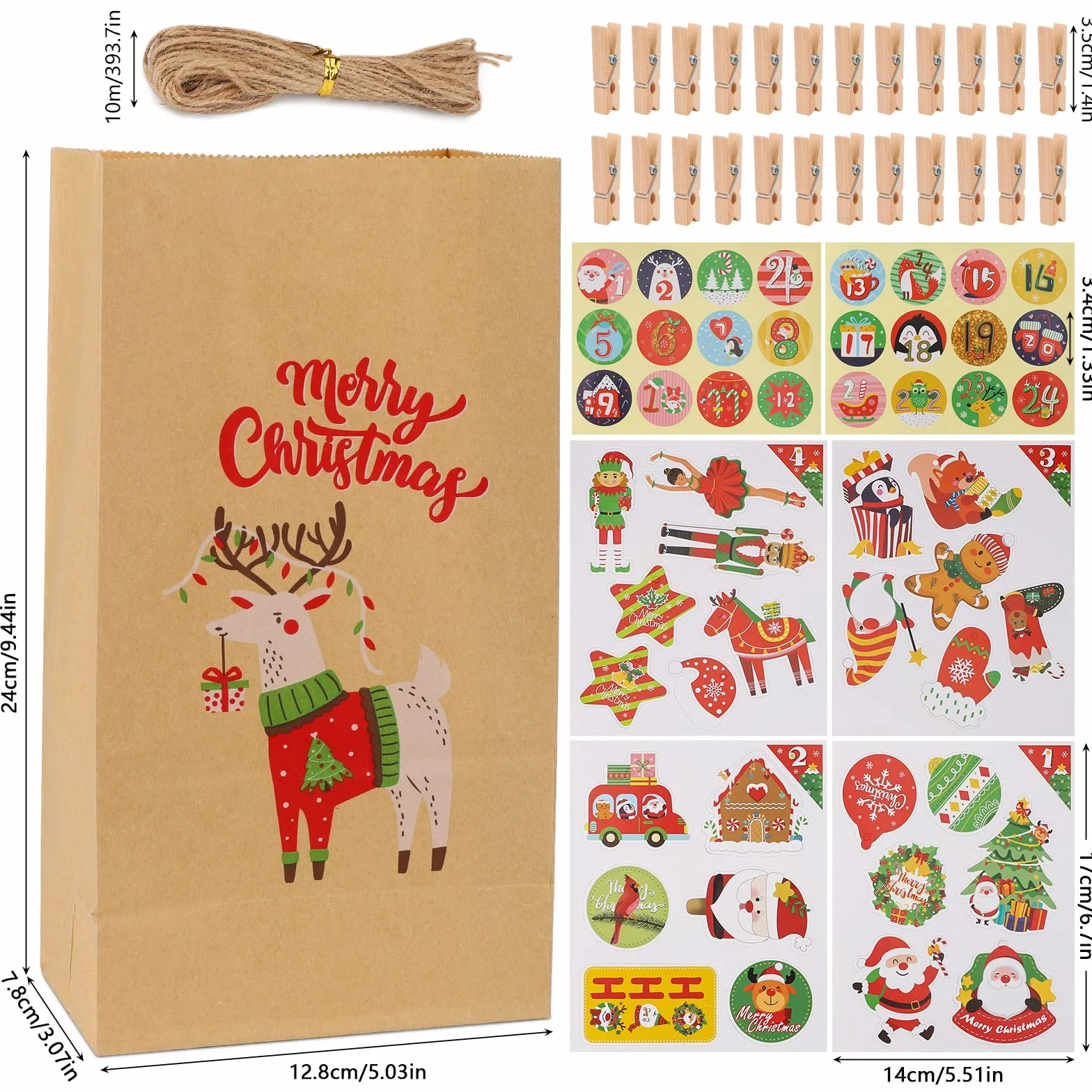 Calendario Adviento 2025 para Rellenar con 24 Bolsas, Adhesivos y Cuerda, DIY Bolsas de Papel Kraft Navideño, Marrón