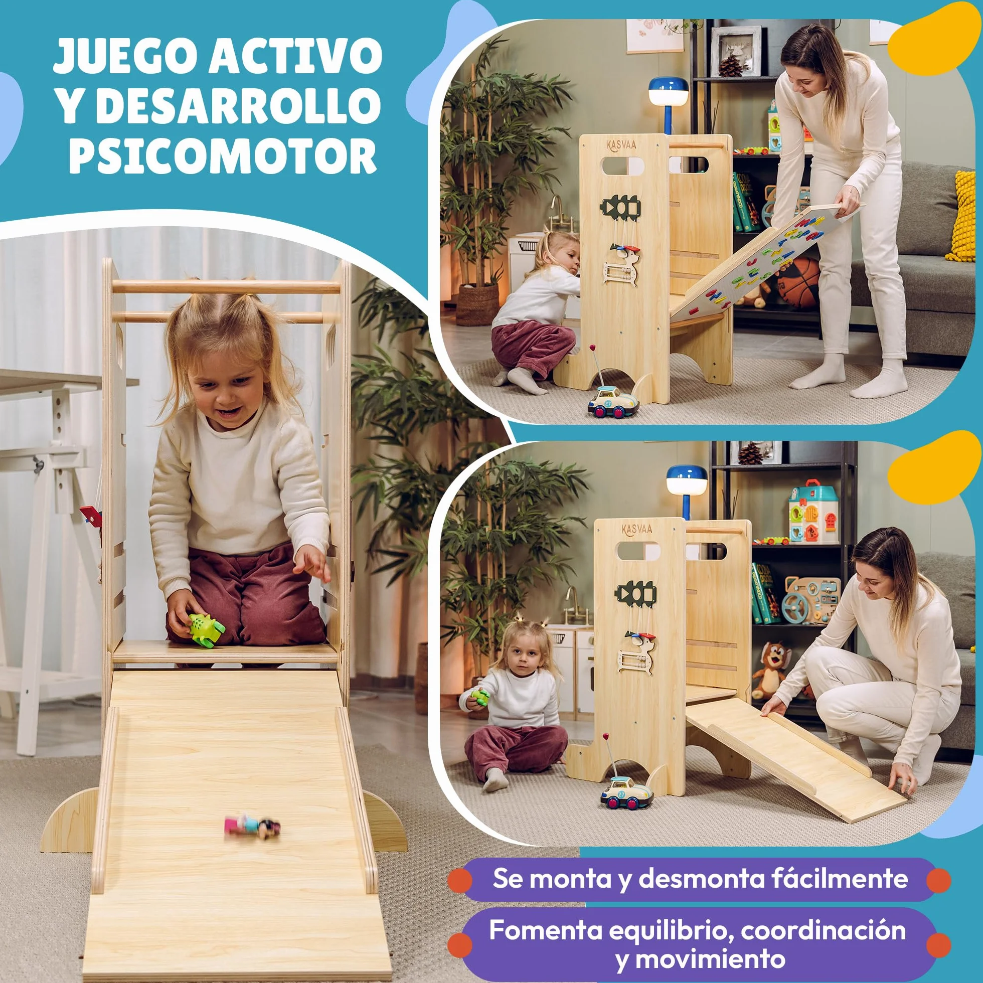 Torre de Aprendizaje Montessori 3 en 1 con Tobogán, Pizarra Magnética y 4 Juegos Laterales – Madera Multicapa, hasta 60 kg
