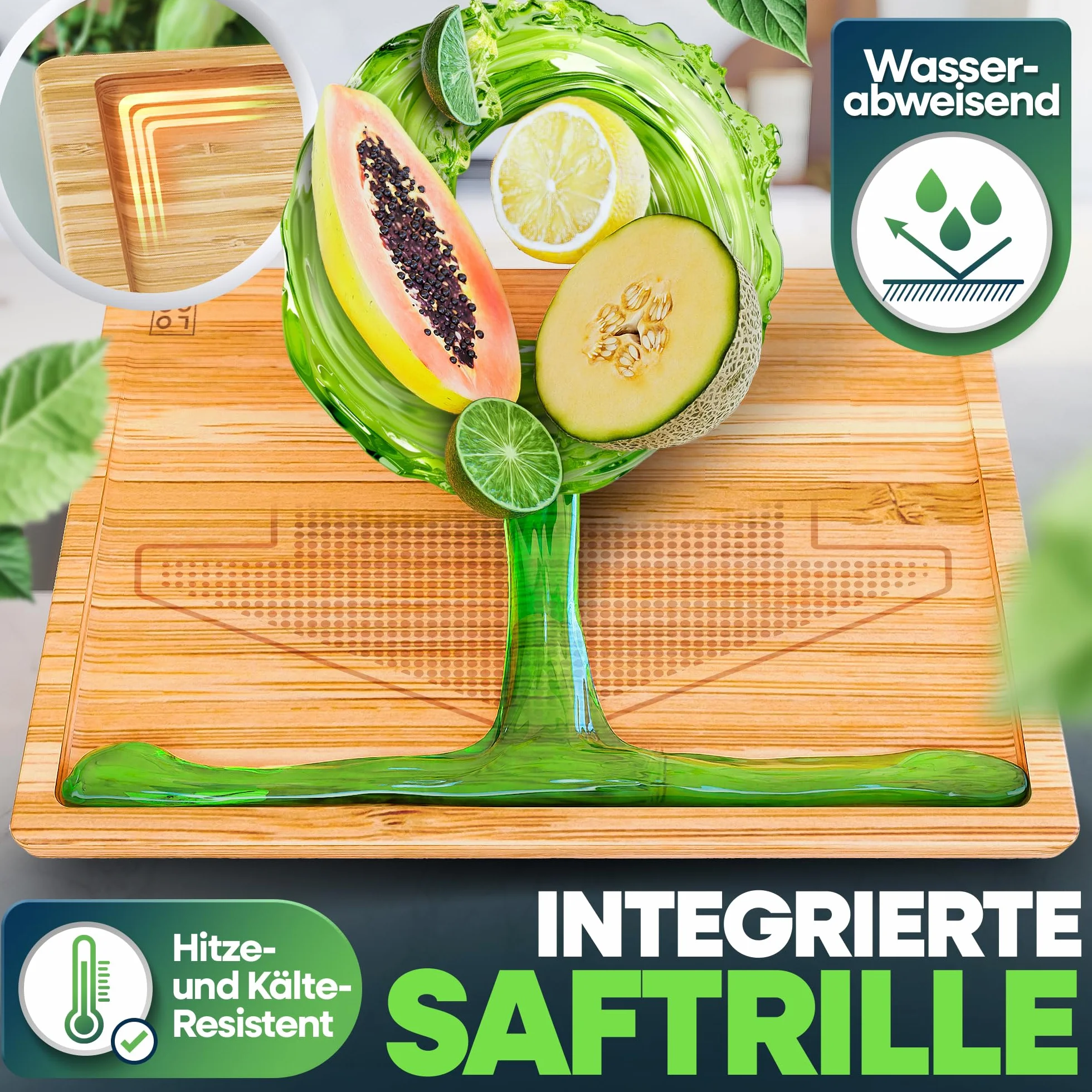 Tabla de cortar cocina bambú macizo con ranura de jugo 44,8x30x2 cm antibacteriana
