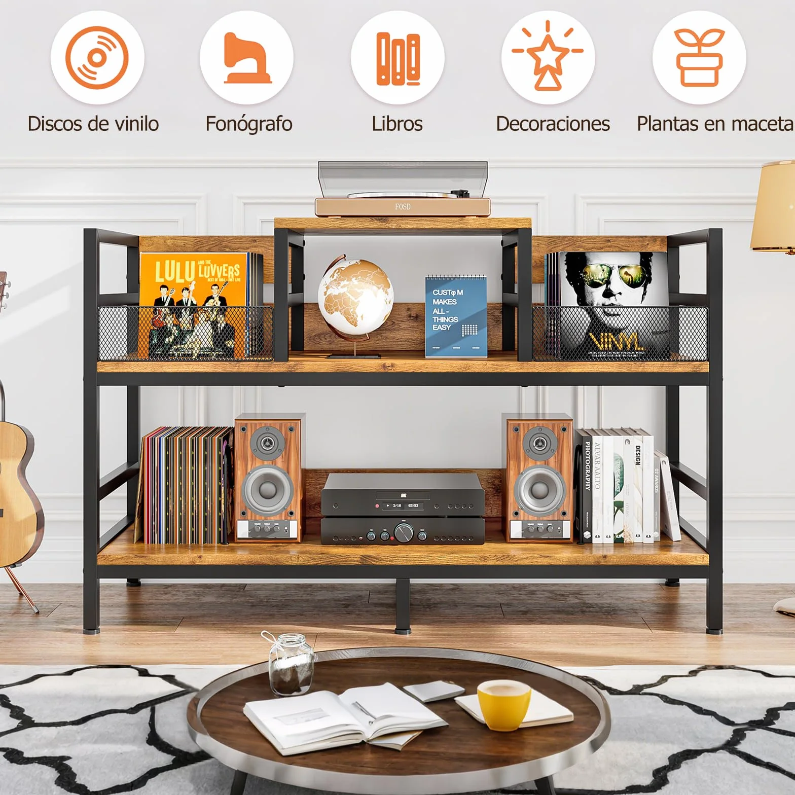 Mueble para Tocadiscos con Almacenamiento de Vinilos, Estantería Retro 3 Niveles, Capacidad 350 LPs, 116.5×37×77.5cm