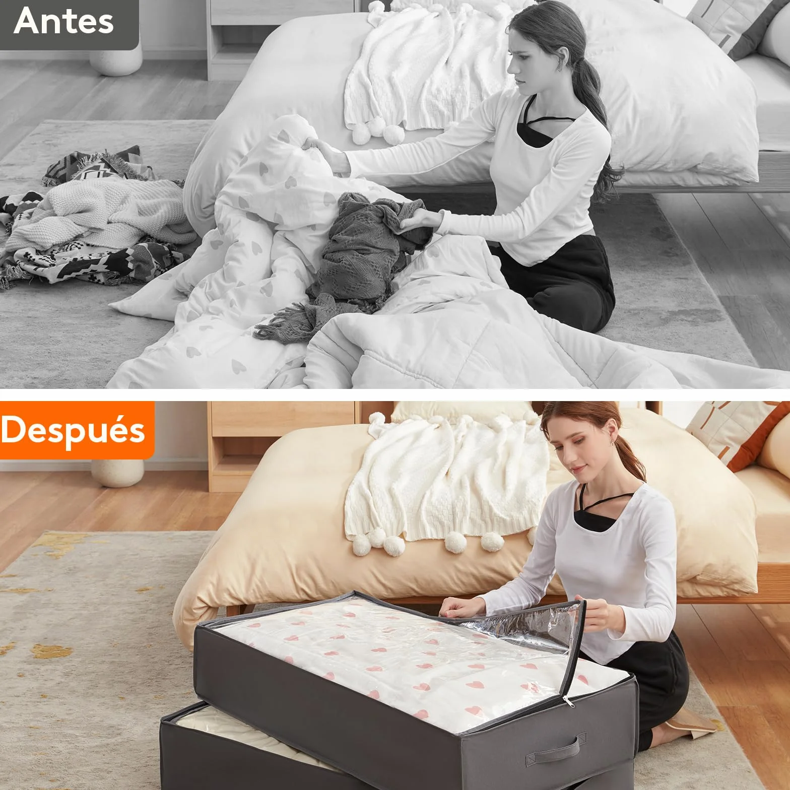 Lifewit Bolsas almacenaje ropa debajo cama, Cajas gran capacidad asa reforzada, organizadoras plegables mantas ropa, Gris 90L 4 Piezas
