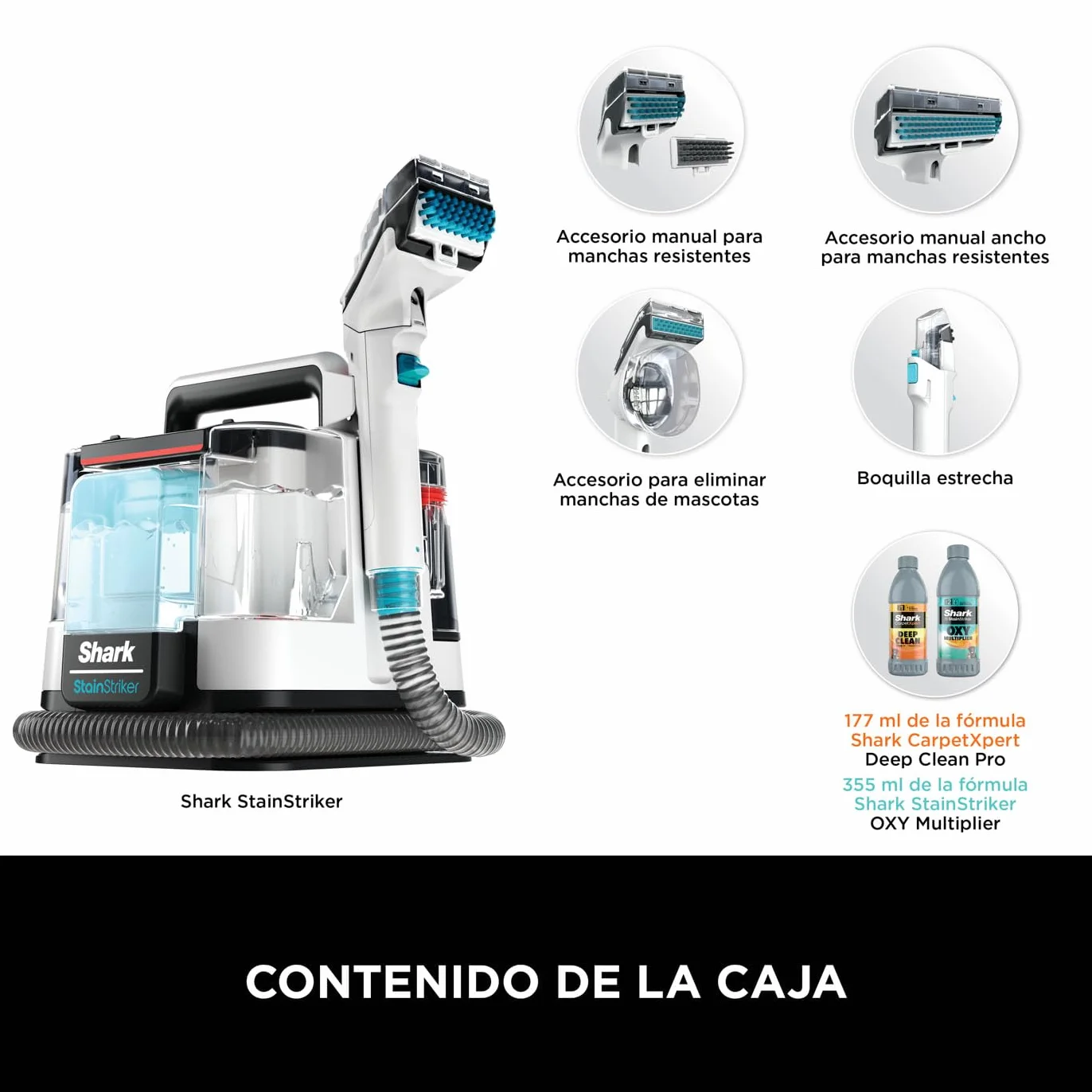 Shark StainStriker Limpiador de manchas con 5 accesorios, minicepillo para pelo de mascotas, boquilla estrecha, tubo de limpieza, 2 x soluciones de limpieza incluidas, ligero y portátil, 450W PX200EUT
