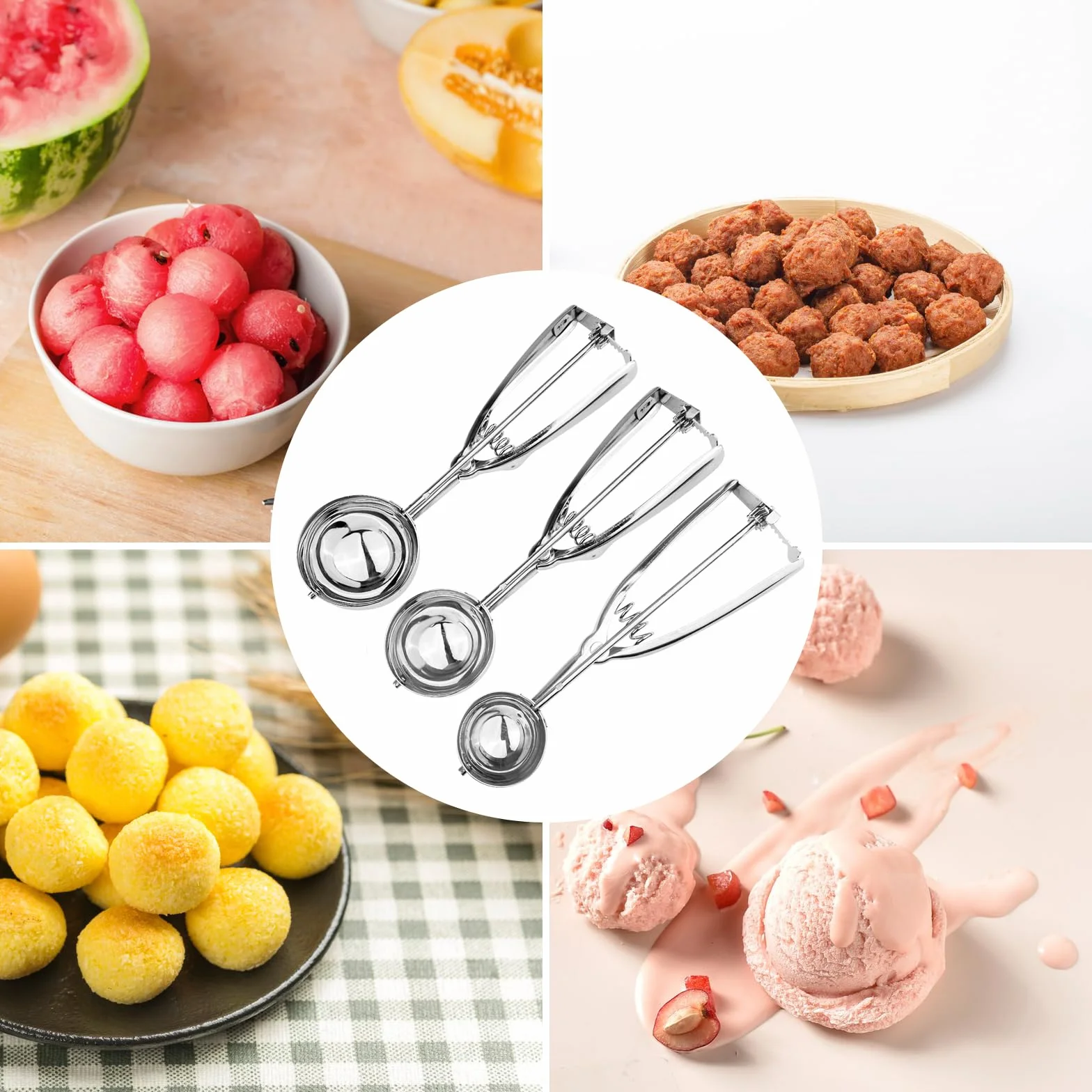 Cuchara para Helado de Acero Inoxidable 3 Piezas con Gatillo Sacabolas 4 cm, 5 cm, 6 cm Dosificador