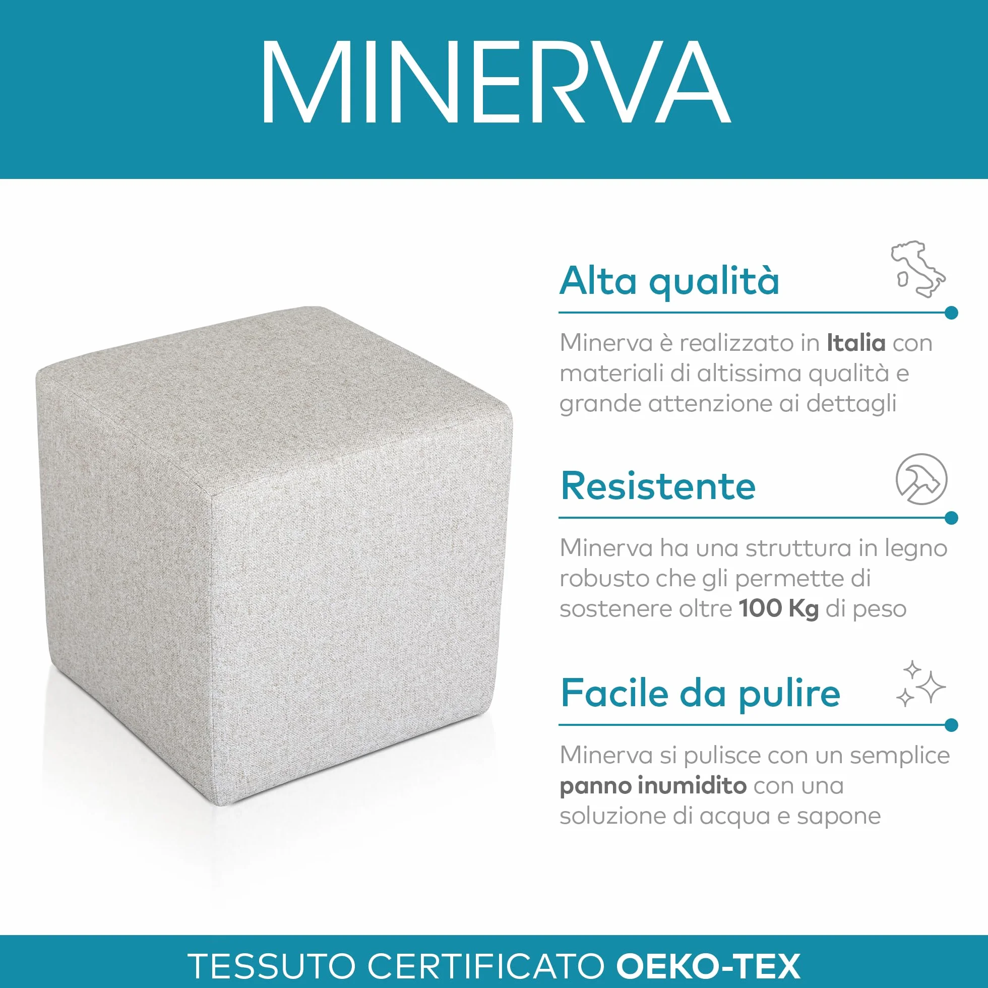 Puff reposapiés Deshome Cubo 43x43x44 cm Tela hidrorrepelente Gris Minerva