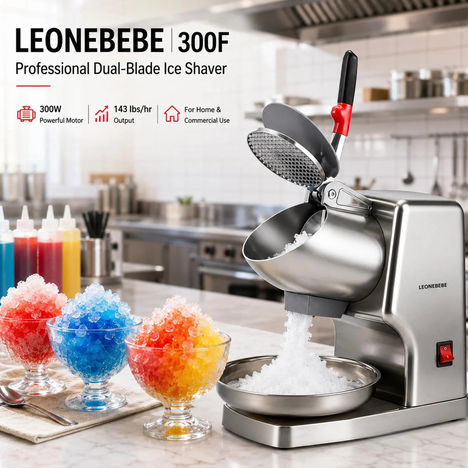Picadores de hielo eléctricos, máquina para hacer conos de nieve para uso doméstico y comercial, mejora la salida de hielo de 16cm pulgadas de altura, cuchillas dobles, 65kg/h, 300 W/2000 RPM, plata