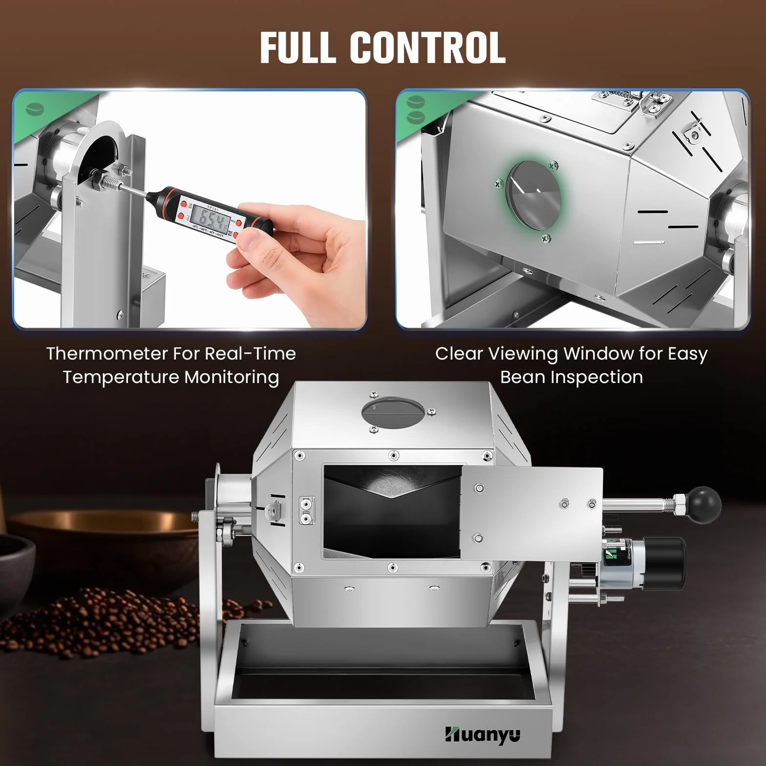 Huanyu Tostadora de Café con Enfriador de Granos 500g Acero Inoxidable Máquina para Cacahuetes y Granos