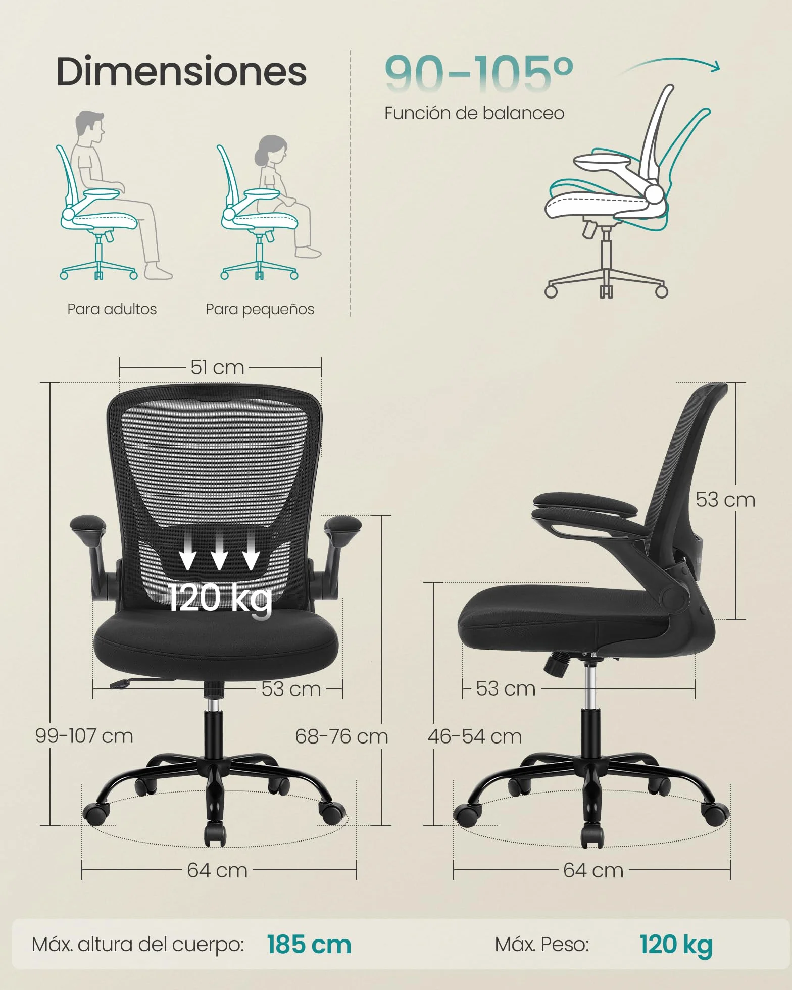 SONGMICS Silla de Oficina Ergonómica de Malla Giratoria con Soporte Lumbar, Asiento 53 cm, Apoyabrazos Abatibles, Negro
