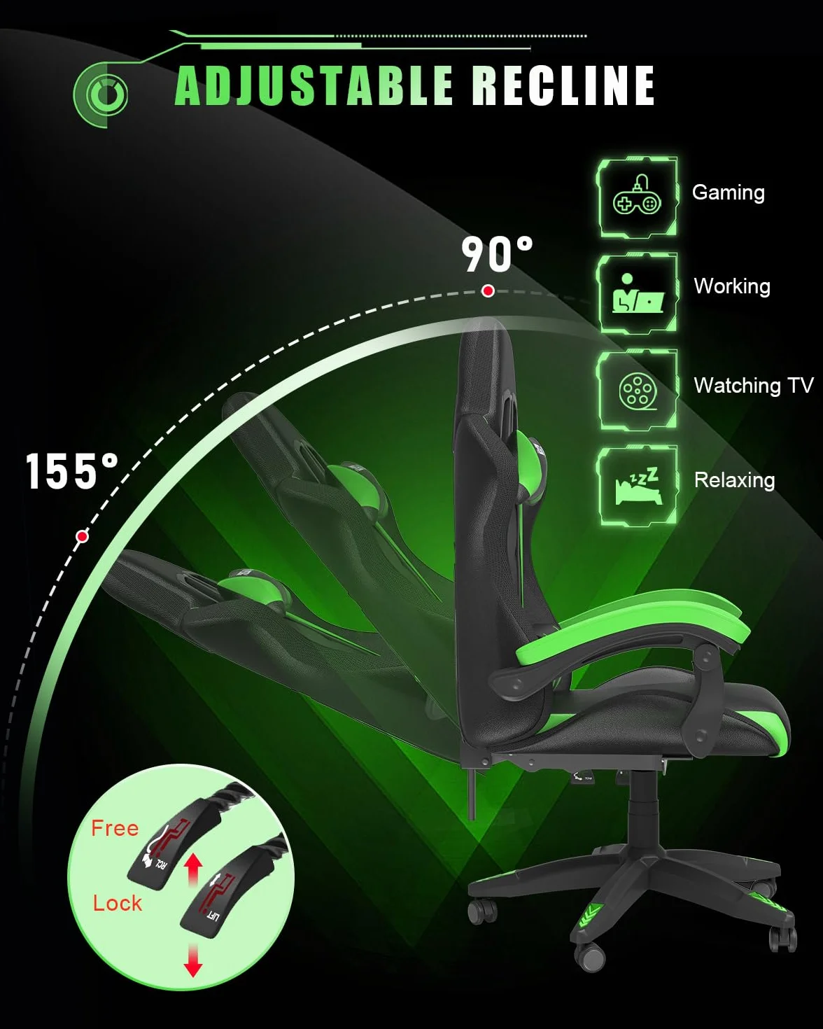 Silla Gaming con Luces LED, Ergonómica, Altura Regulable con Apoyo Lumbar y Reposacabezas, Respaldo Inclinable 155°, RGB Verde