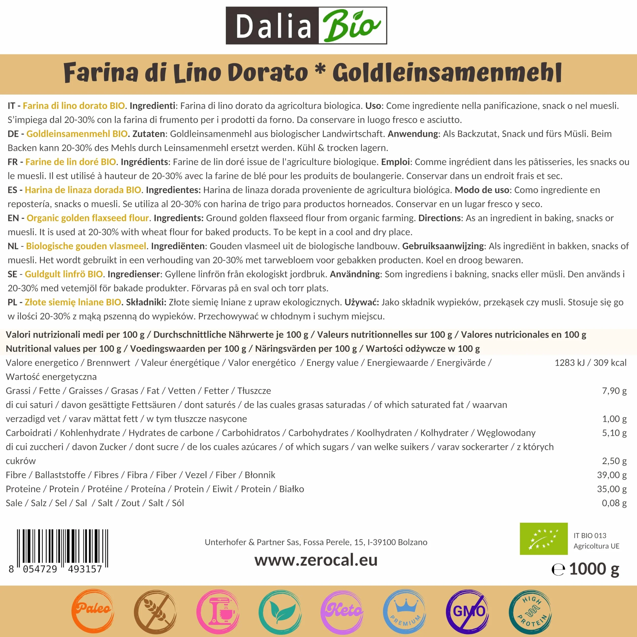 Harina de Semillas de Lino Dorado Bio 1kg Alta en Proteínas Omega-3 Fibra Sin Gluten Vegano Austria