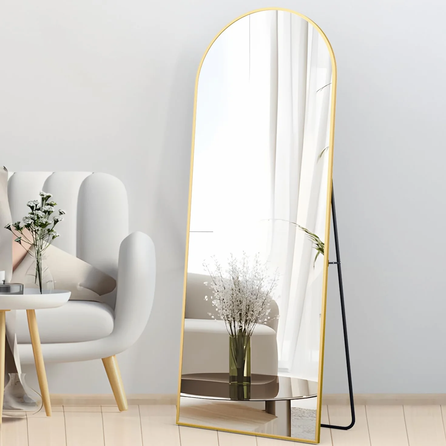 Espejo de Cuerpo Entero Arco 162 x 53 cm Dorado Arqueado, Espejo de pie con Soporte para Dormitorio Sala de Estar