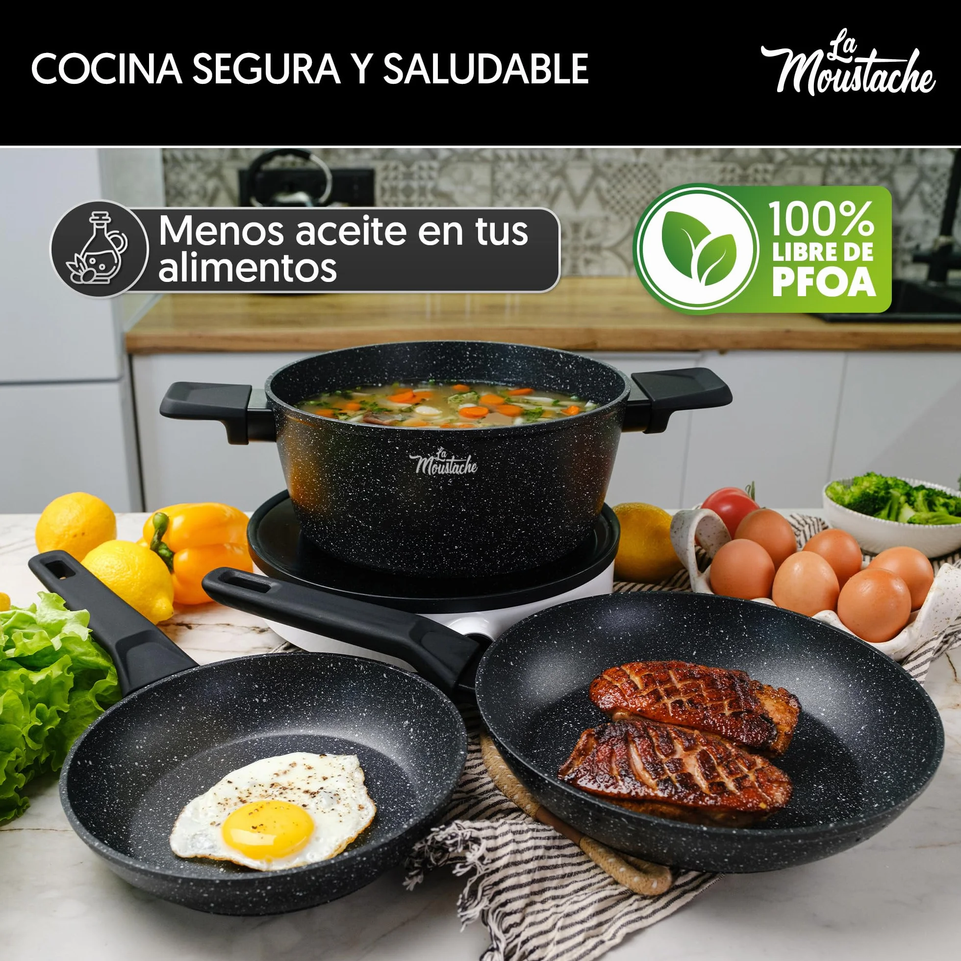 Juego de Ollas y Sartenes La Moustache 8 Piezas Aluminio Antiadherente sin PFOA PFOS Apta Inducción