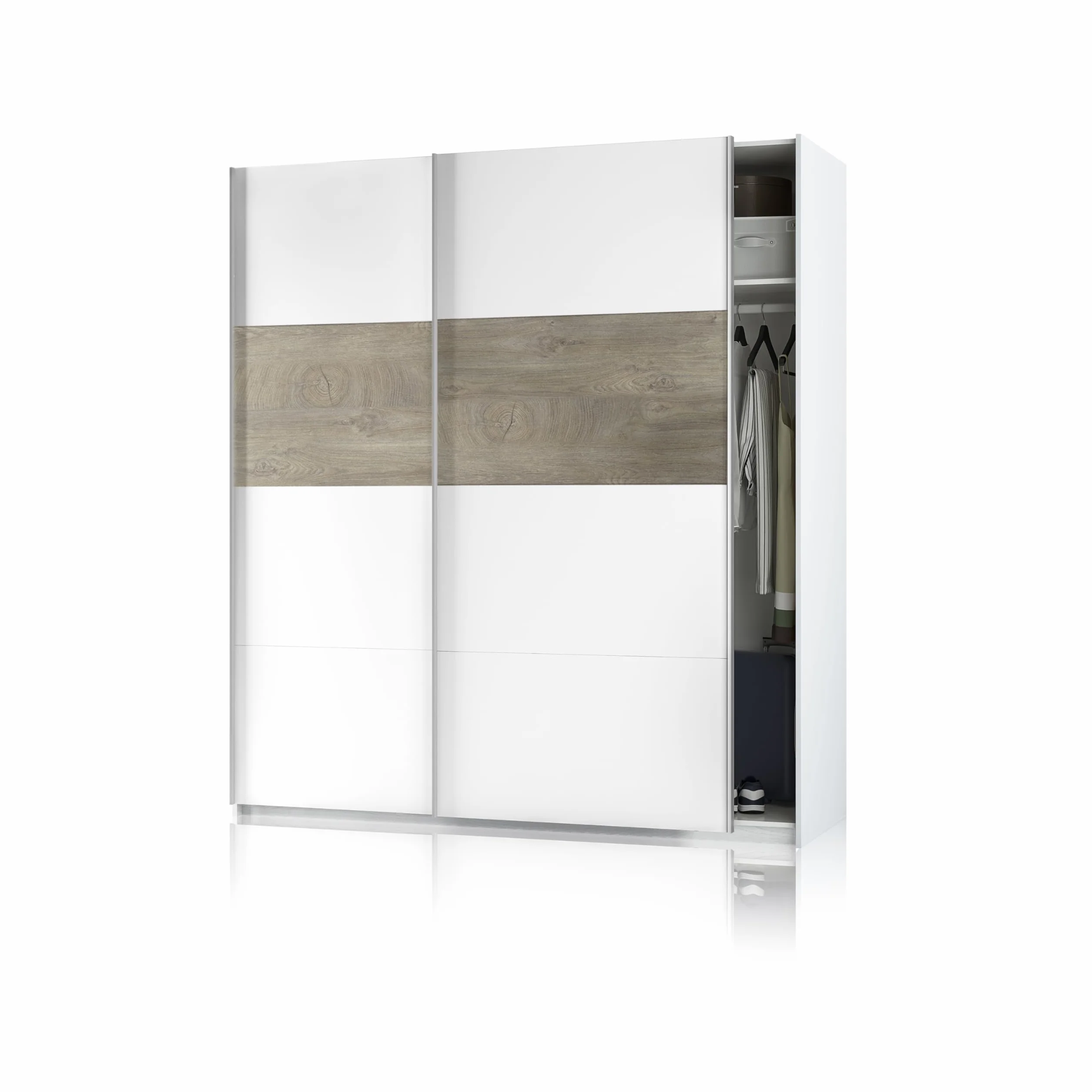 duehome | Armario 2 Puertas Correderas para Dormitorio o Habitación, Modelo Brike, Acabado en Blanco Artik y Roble Alaska, Medidas: 180 cm (Largo) x 200 cm (Alto) x 60 cm (Fondo)