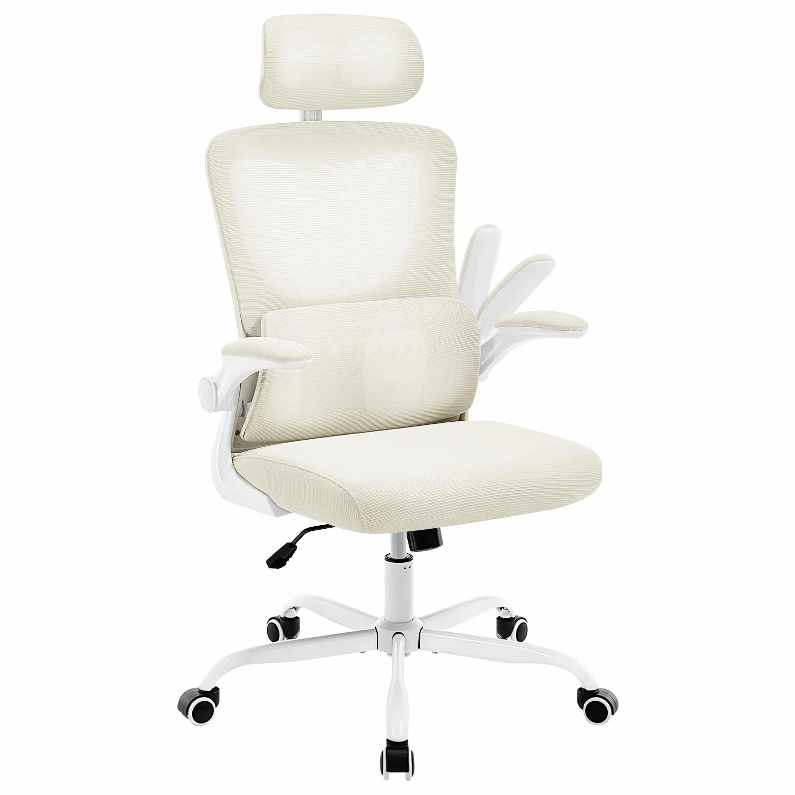 WOLTU Silla Oficina Ergonómica, Sillas Escritorio con Reposabrazos, Reposcabezas y Soporte Lumbar, Respaldo Inclinable de Tela Malla, Beige