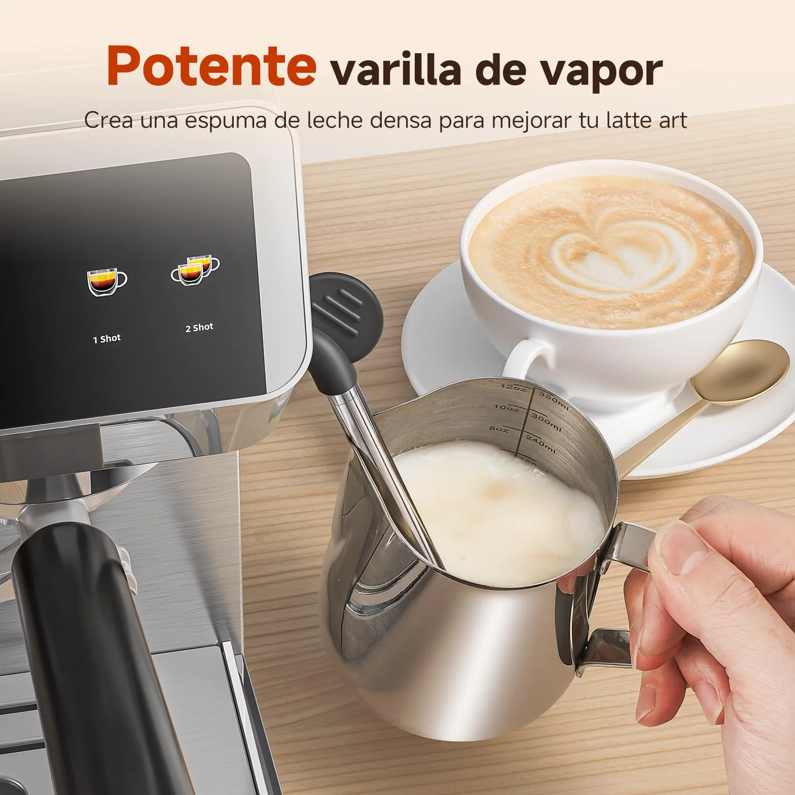 AMZCHEF Cafetera Espresso con Molinillo Integrado 20 Bares – Máquina de Café con 44 Ajustes de Molienda，Vaporizador de Leche, 4 Temperaturas, Función Café Frío, Acero Inoxidable, Depósito 1.8L