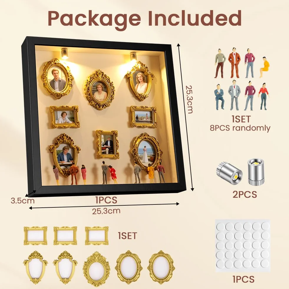 Aolso DIY Mini Museum Silhouette Box, Cuadros Cajas de Sombra de Foto Personalizada con 8 Cifras de Museo y 8 Marcos Dorados, Luces Led, para Decoración del hogar, Aniversarios, Cumpleaños, Negro