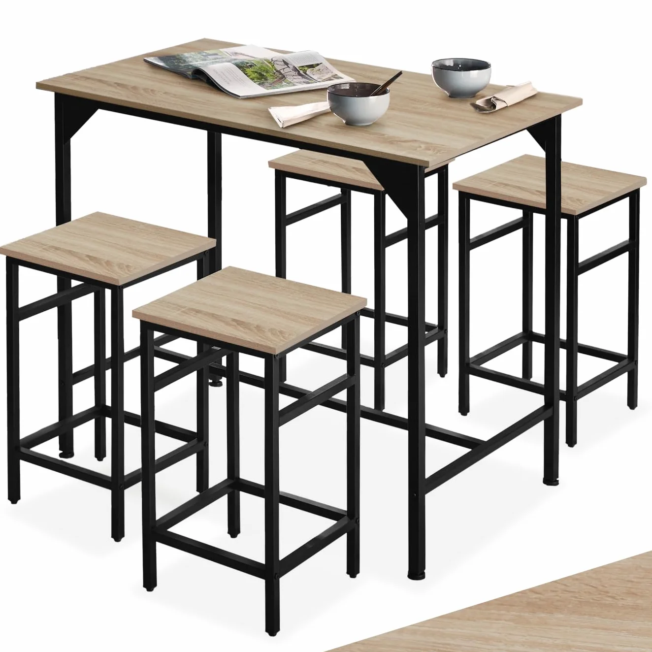 tectake® Mesa Alta de Bar con 4 Taburetes, Mueble de Cocina Estilo Industrial, Diseño Comedor y Mesa Cocina, Muebles de Salon, Taburete - 100 x 124 x 88,5 cm Madera Industrial Clara, Roble Sonoma