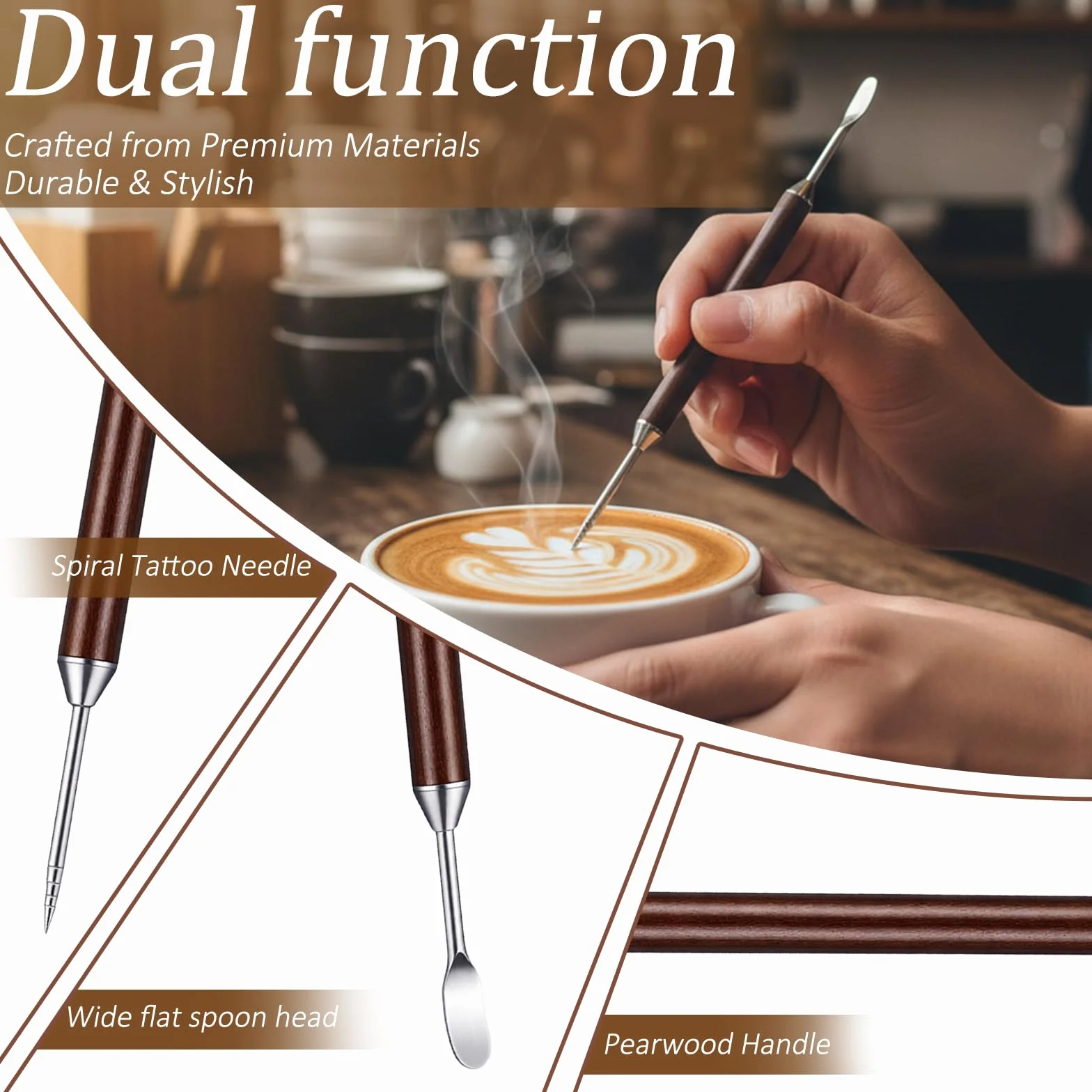 16 cm doble cara café arte bolígrafo, 3 unidades de acero inoxidable Latte Art Pen con mango de madera Barista Latte Art Pen Espresso Decorar accesorios de café para capuchino Latt Dekorier