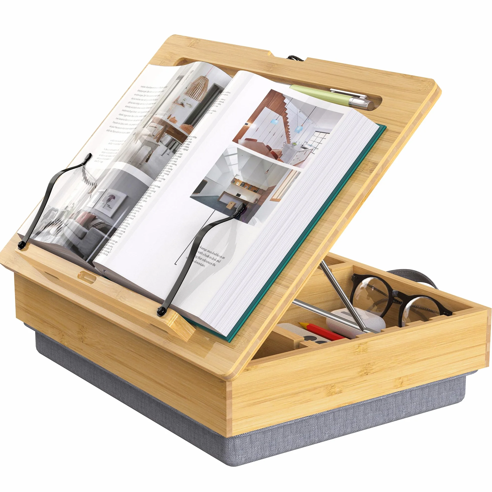 AboveTEK Atril de Lectura de Bambú con Cojín Suave, Soporte Ajustable para Libros y Tablet, Atril con Almacenamiento, Porta Recetas de Cocina, Soporte para Libros de Cama y Escritorio