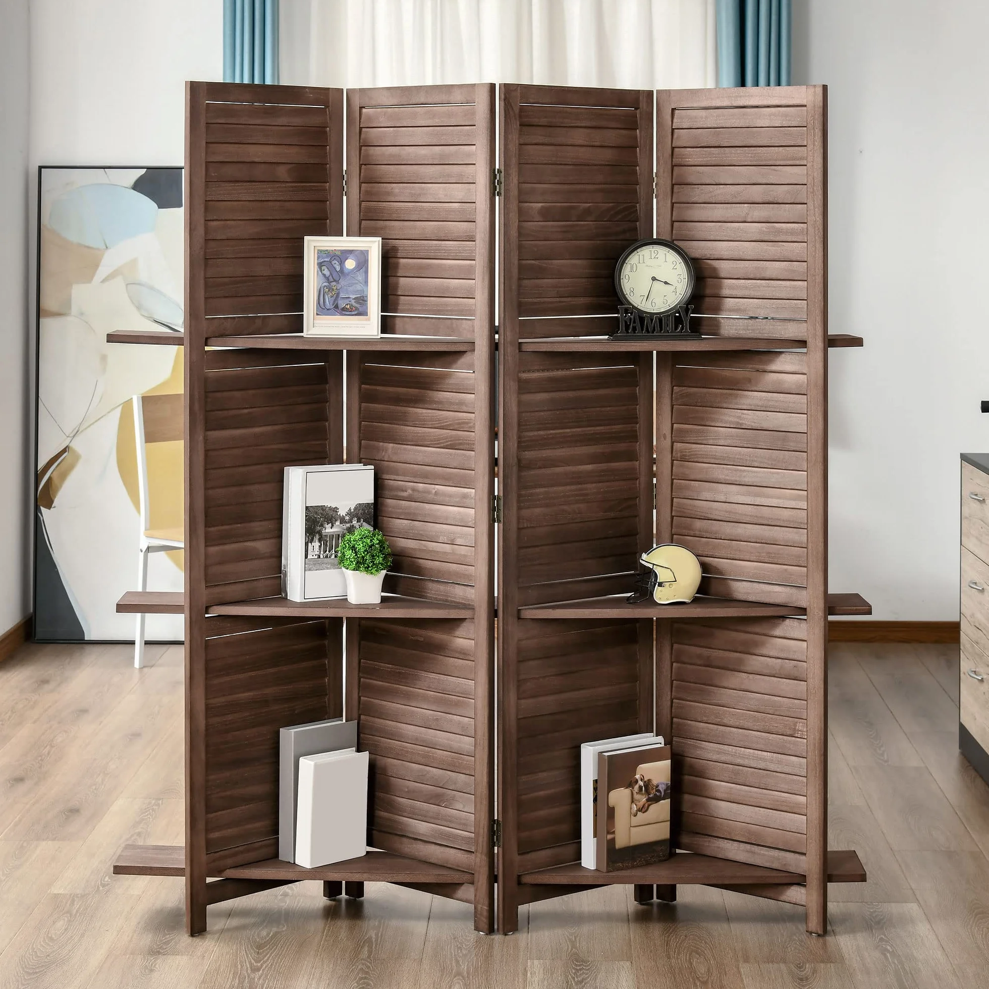 HOMCOM Biombo Plegable de 4 Paneles de Madera, 162x170 cm, Biombo Separador de Ambientes con 3 Estantes, Diseño de Persianas, Decoración para Dormitorio, Salón, Nogal