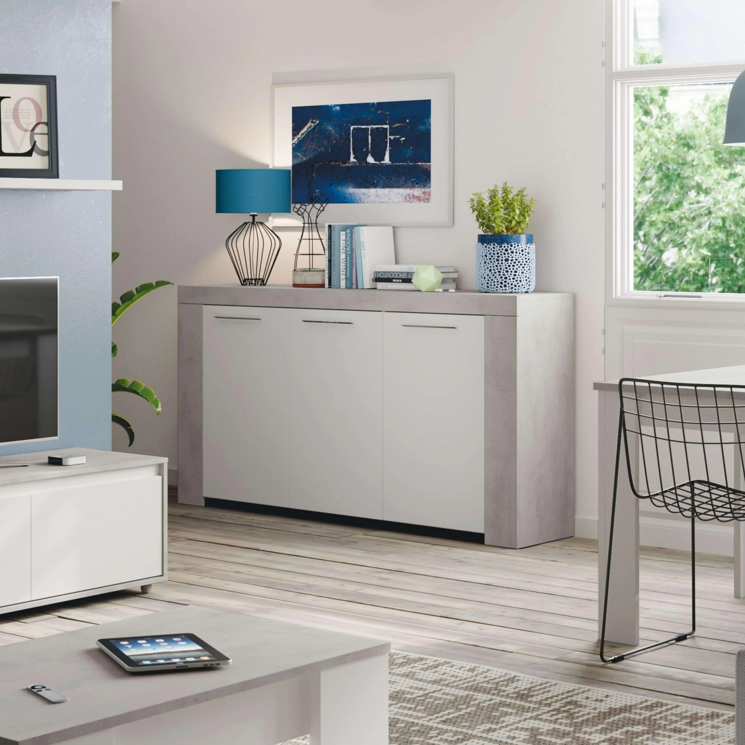 Habitdesign, Aparador, Buffet Moderno, Armario Auxiliar Comedor, Modelo Ambit, Color Blanco Artik y Gris Cemento, Medidas: 144 cm (Largo) x 42 cm (Fondo) x 80 cm (Alto)