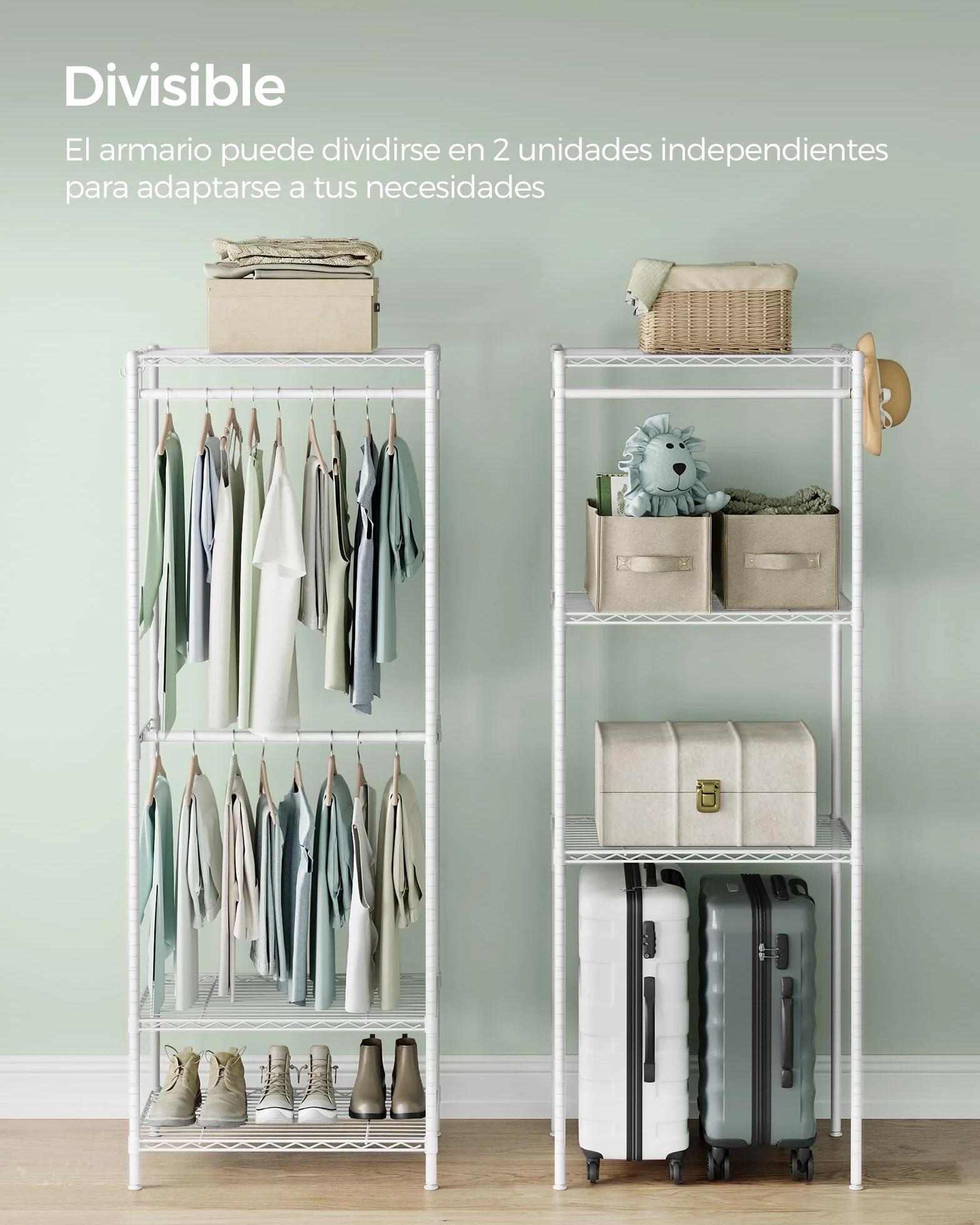 SONGMICS Armario de Ropa, Armario de Metal con Estantes Ajustables, Barras para Colgar y Ganchos, Duradero, Perchero Separable, Blanco Nube LGR431W01