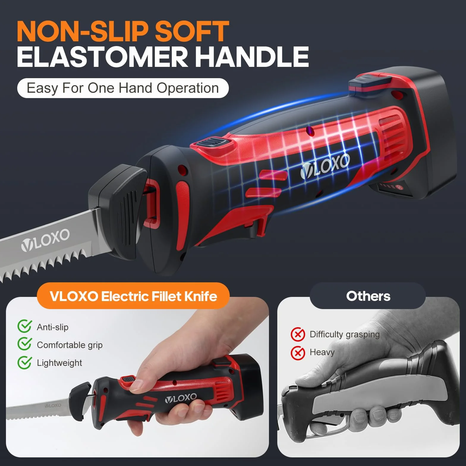 VLOXO Cuchillo Electrico Cocina Inalámbrico para Filetear con 4 Cuchillas de Acero Inoxidable Cuchillos Cocina Eléctrico Recargable con Bloqueo de Seguridad Cuchillos Carne Mango Antideslizante