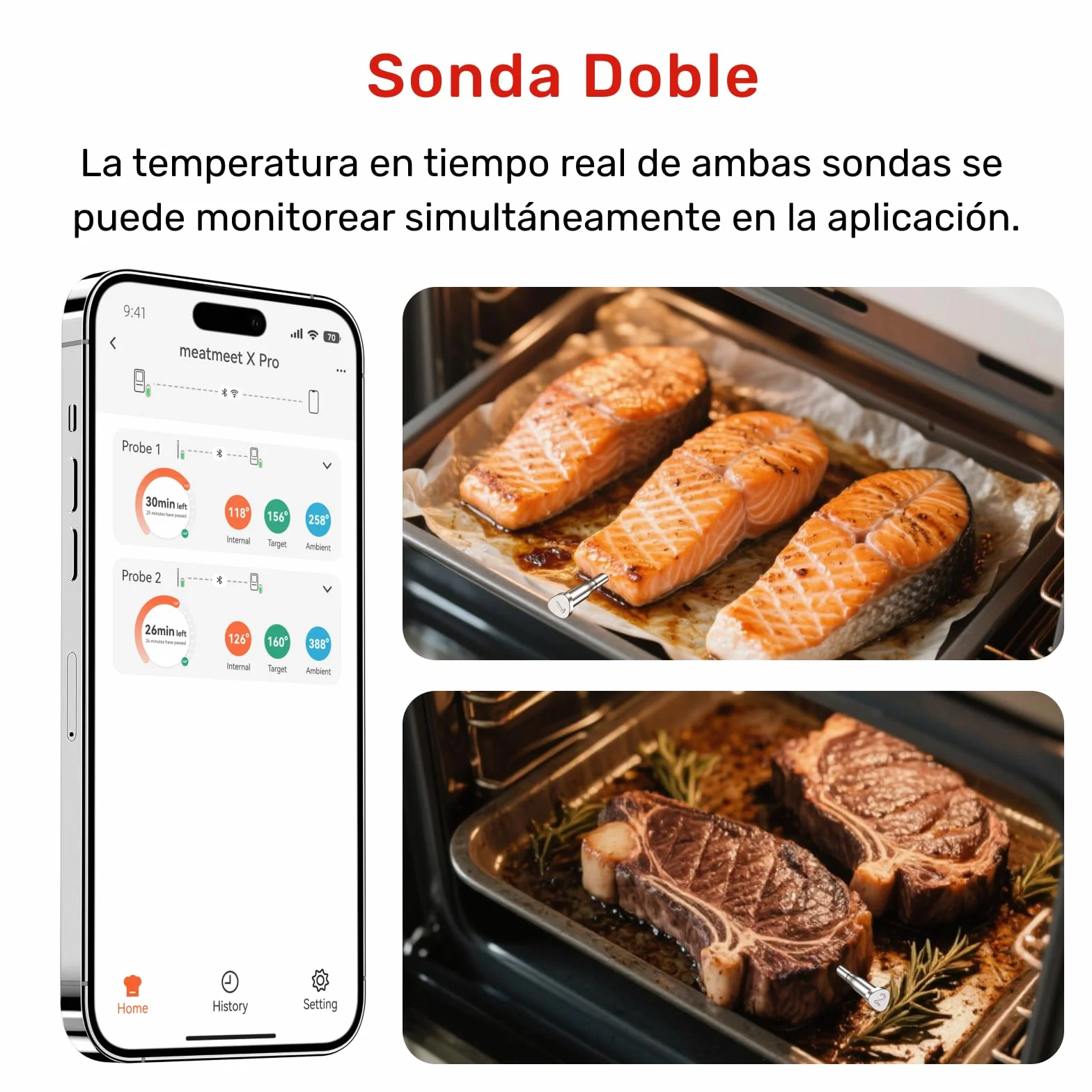 X Pro Termómetro para Carne con Bluetooth y WiFi, 2 Sondas 6 Sensores, Pantalla LED, IP69 Impermeable​, resistente al calor hasta 582°C, Termometro Carne para BBQ, Grill, Cocina, Asador