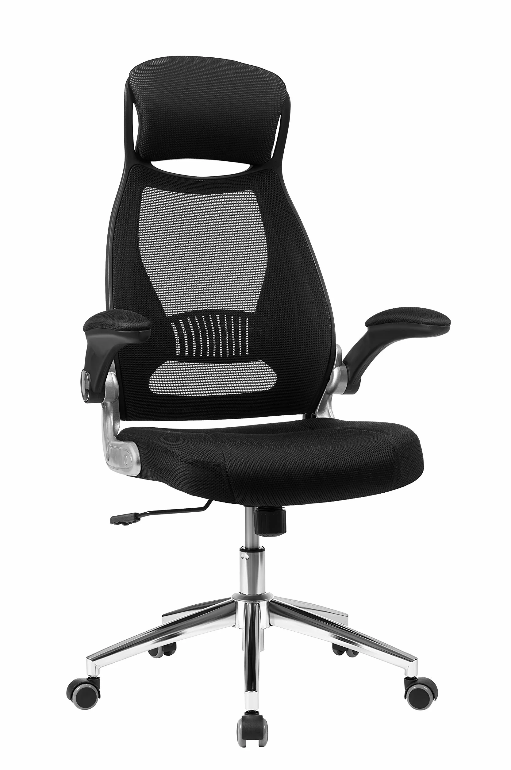 SONGMICS OBN86BK Silla Giratoria de Oficina de Malla con Reposacabezas, Mecanismo Sincronizado y Altura Ajustable, Negro