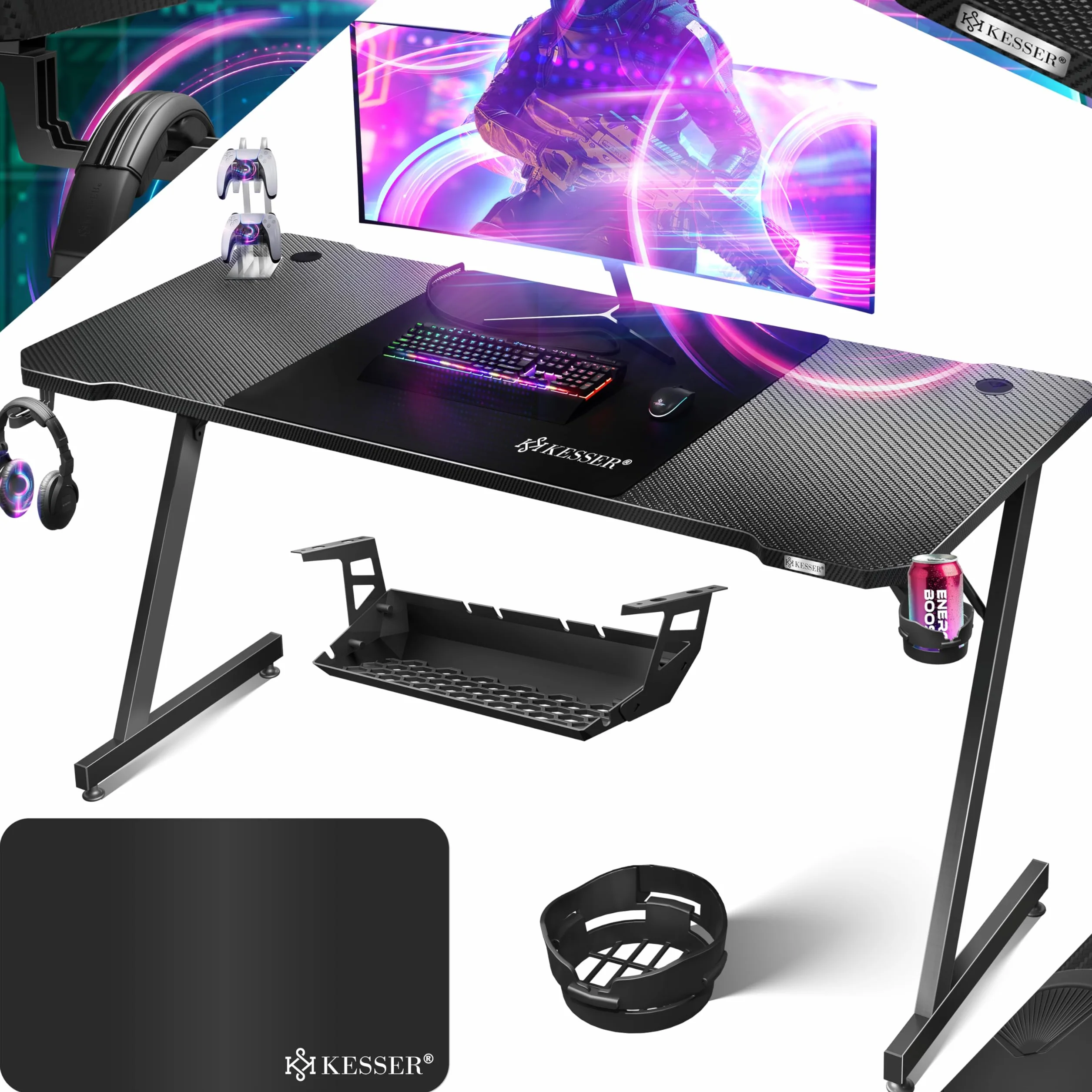 KESSER® Mesa Gaming | 180 x 80 cm | Escritorio para Gamer en Forma de Z | Soporte para Auriculares | Mesa ergonómica para Ordenador | Incl. Alfombrilla de ratón y Soporte