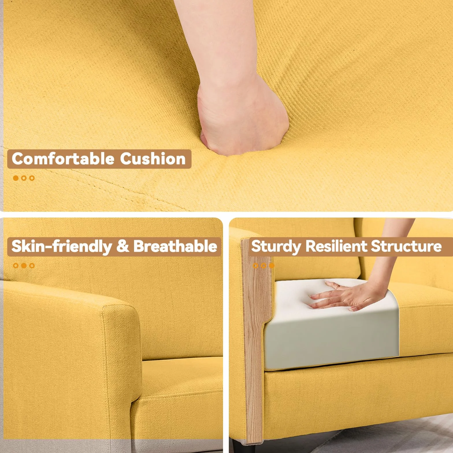 COMHOMA Sillón Salón, Sillón Relax, Silla Larga, con Apoyabrazos y Espalda Gruesa, Asiento Acolchado, Bolsa de Resortes Individual, Salón, Dormitorio, Cine en casa, Lino, Amarillo