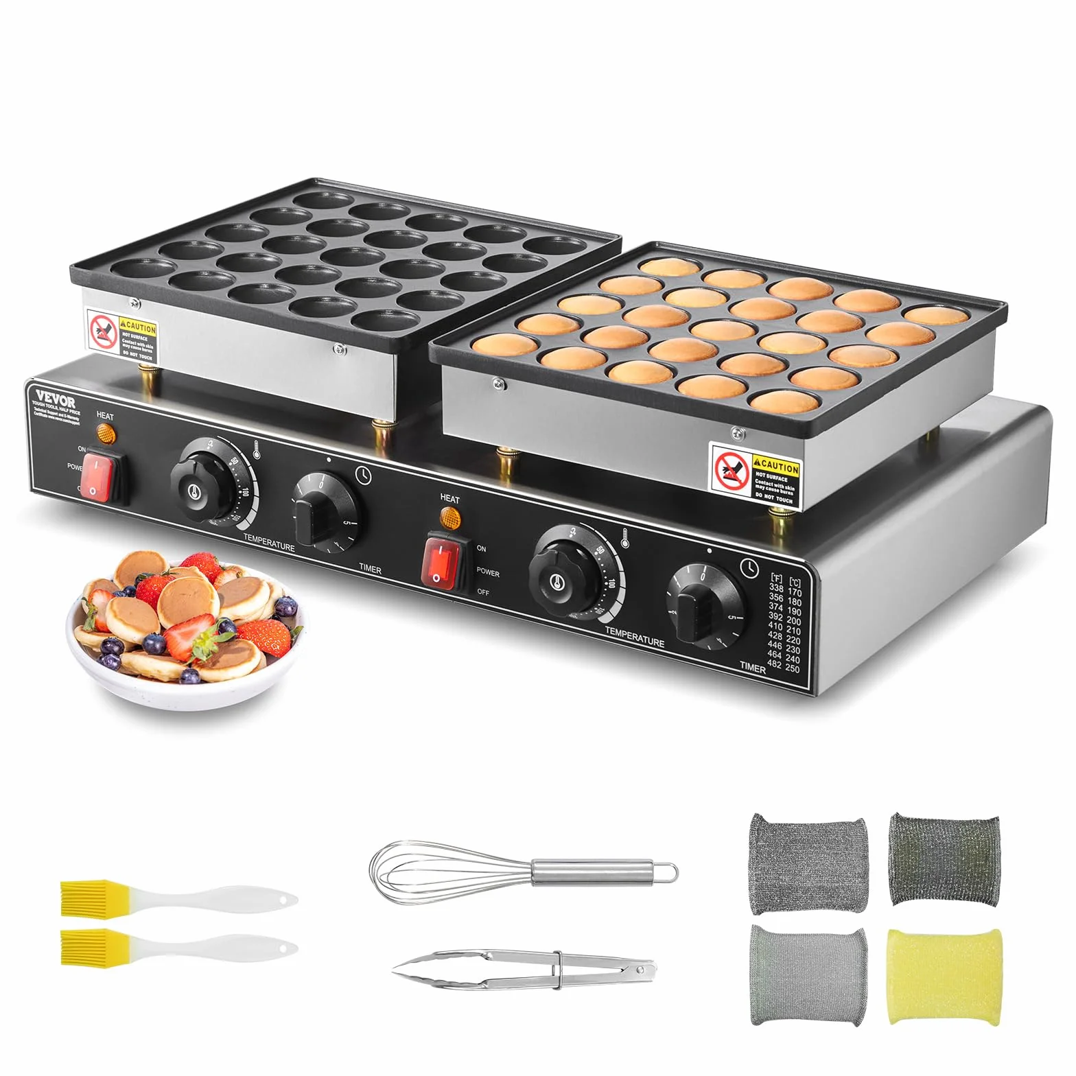 VEVOR Mini Máquina Holandesa para Hacer Panqueques, de Acero Inoxidable Antiadherente, para Dorayakis, 1800 W, Control de Temperatura y Tiempo Dual, para Cocina, Restaurante, 580 x 350 x 175 mm