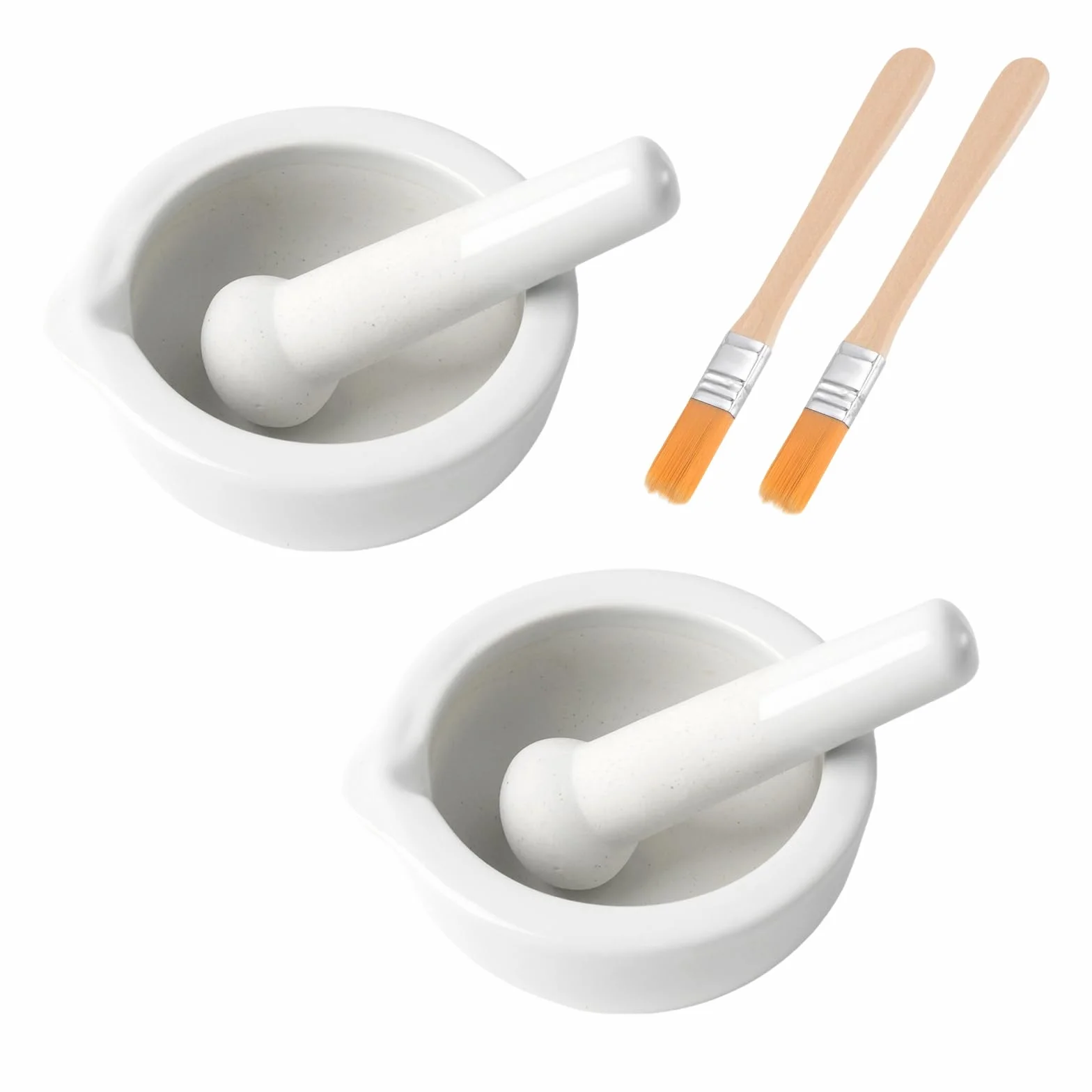 2 juegos de mortero con mortero y cepillos, pequeño mortero de porcelana, juego de mortero de cerámica, pequeño cuenco para hierbas, pesto, cocina, mortero, accesorio científico, 80 mm