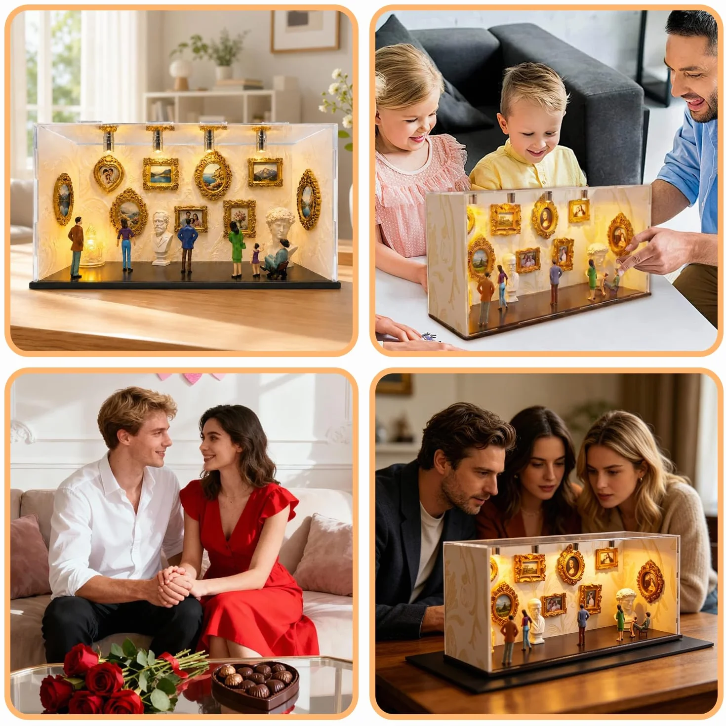 DIY Mini Museum Silhouette Box Foto Recordatorio Set, Personalized DIY Photo Family Memory Display Case Incluye 6 Figuras, 9 Marcos Dorados y 2 esculturas para Aniversario, Boda, decoración del hogar
