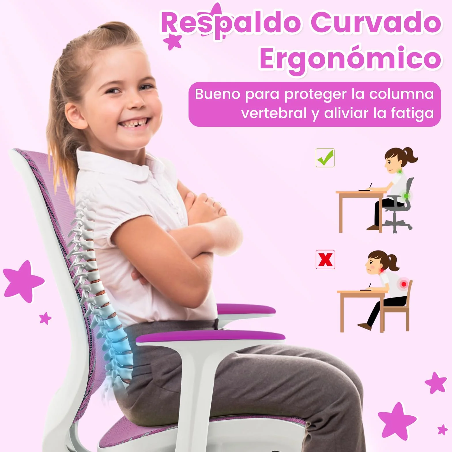 COSTWAY Silla de Escritorio para Niños, Silla Infantil Giratoria para Computadora con Altura Ajustable, Ruedas con Freno, Reposabrazos Lisos, Silla Ergonómica de Estudio para Niño (Morado)