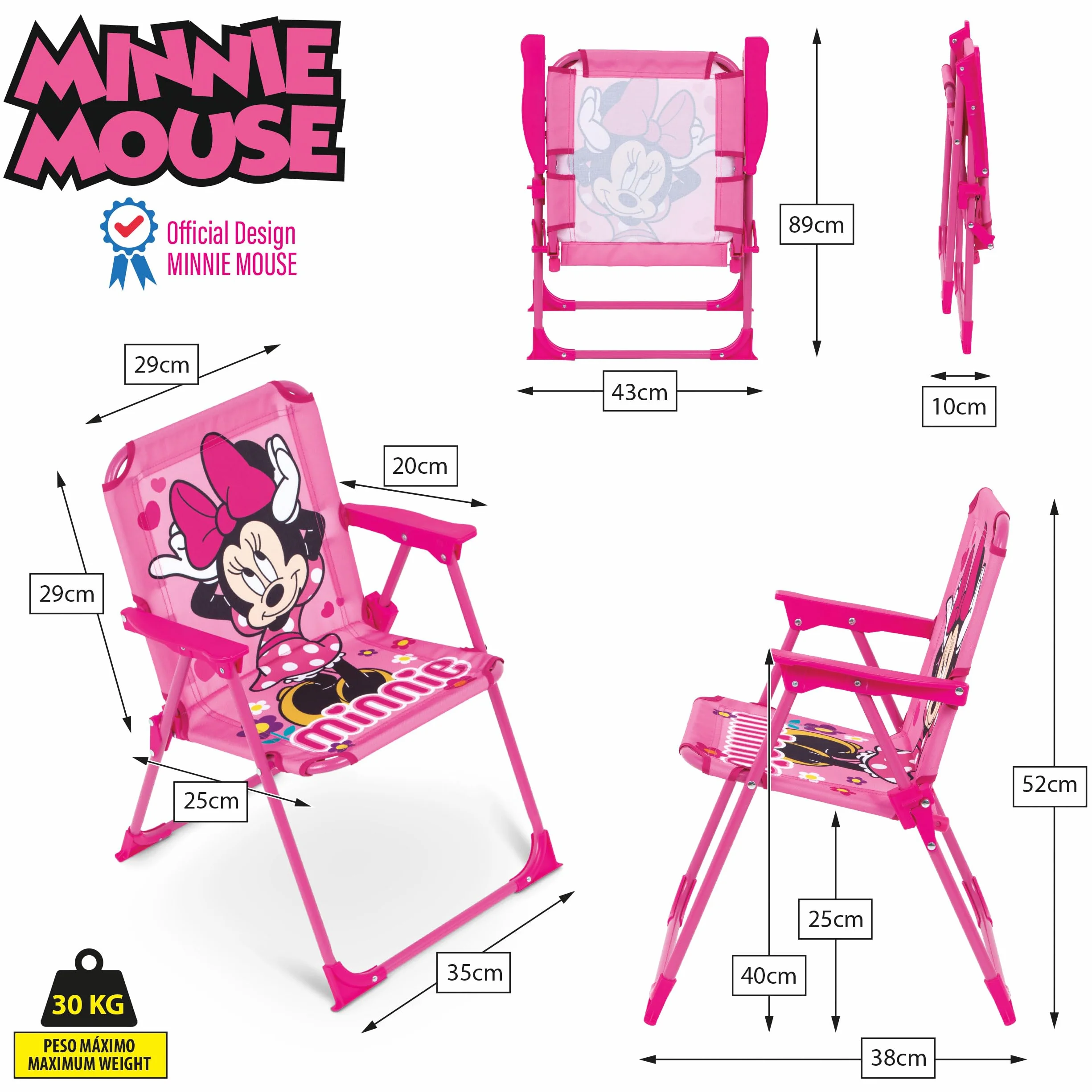 ARDITEX Silla Plegable Infantil Minnie Mouse Disney. Silla Exterior para Playa, Jardín y Terraza. Estructura Metálica, Apoyabrazos de Plástico y Asiento Lona 38 x 32 x 53 cm Rosa, WD16175